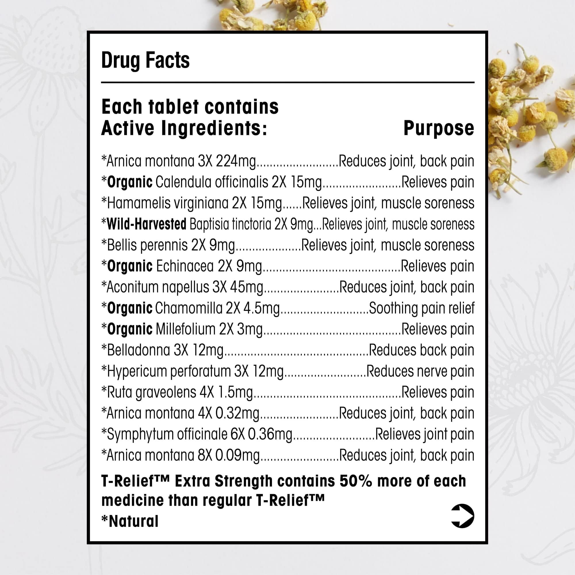 MediNatura T-Relief 100 tablets packaging showing active ingredients
