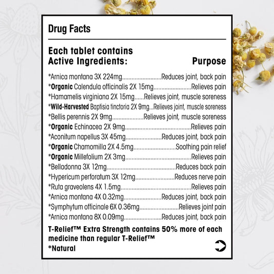 MediNatura T-Relief 100 tablets packaging showing active ingredients