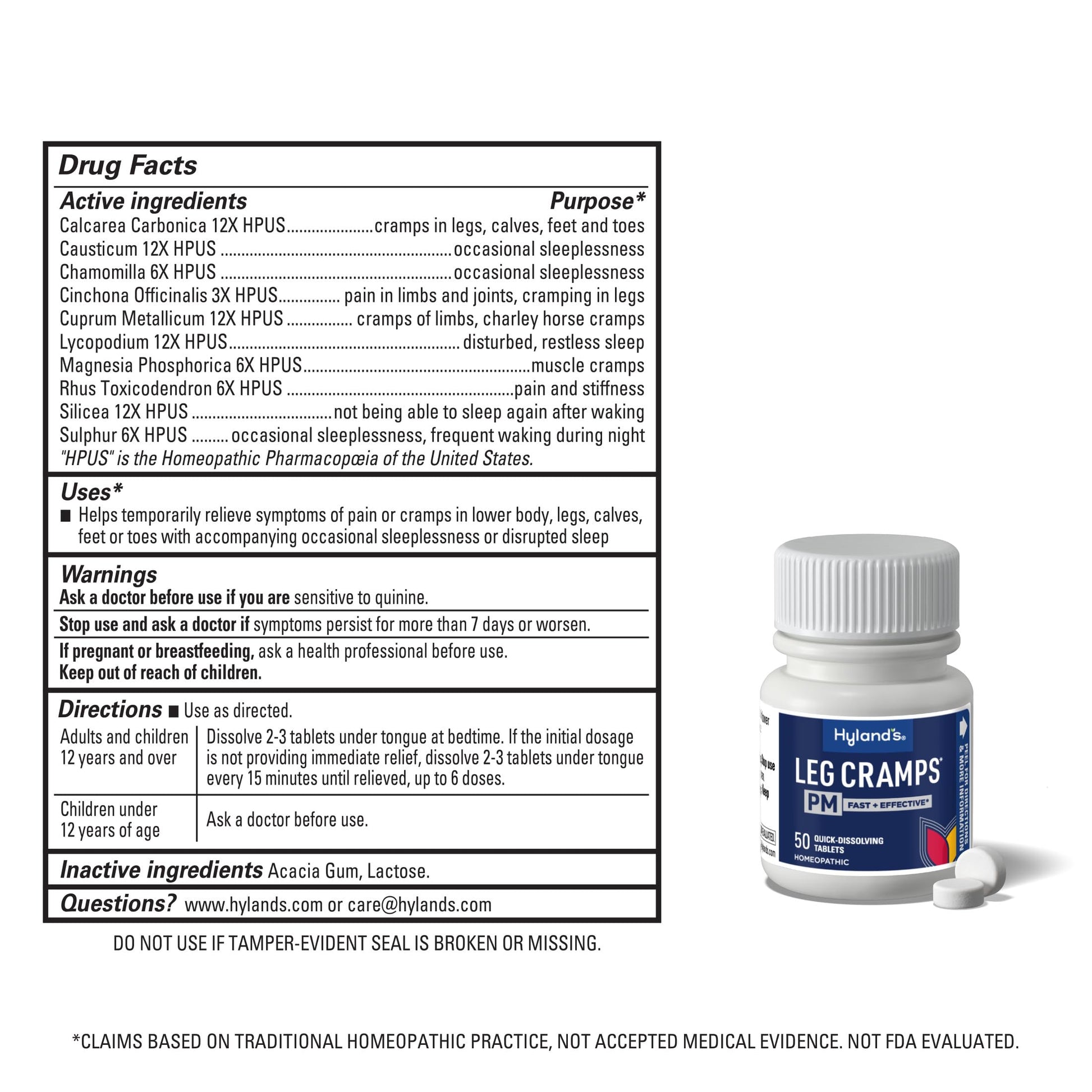 Hyland's Leg Cramps PM packaging showing nighttime relief benefits