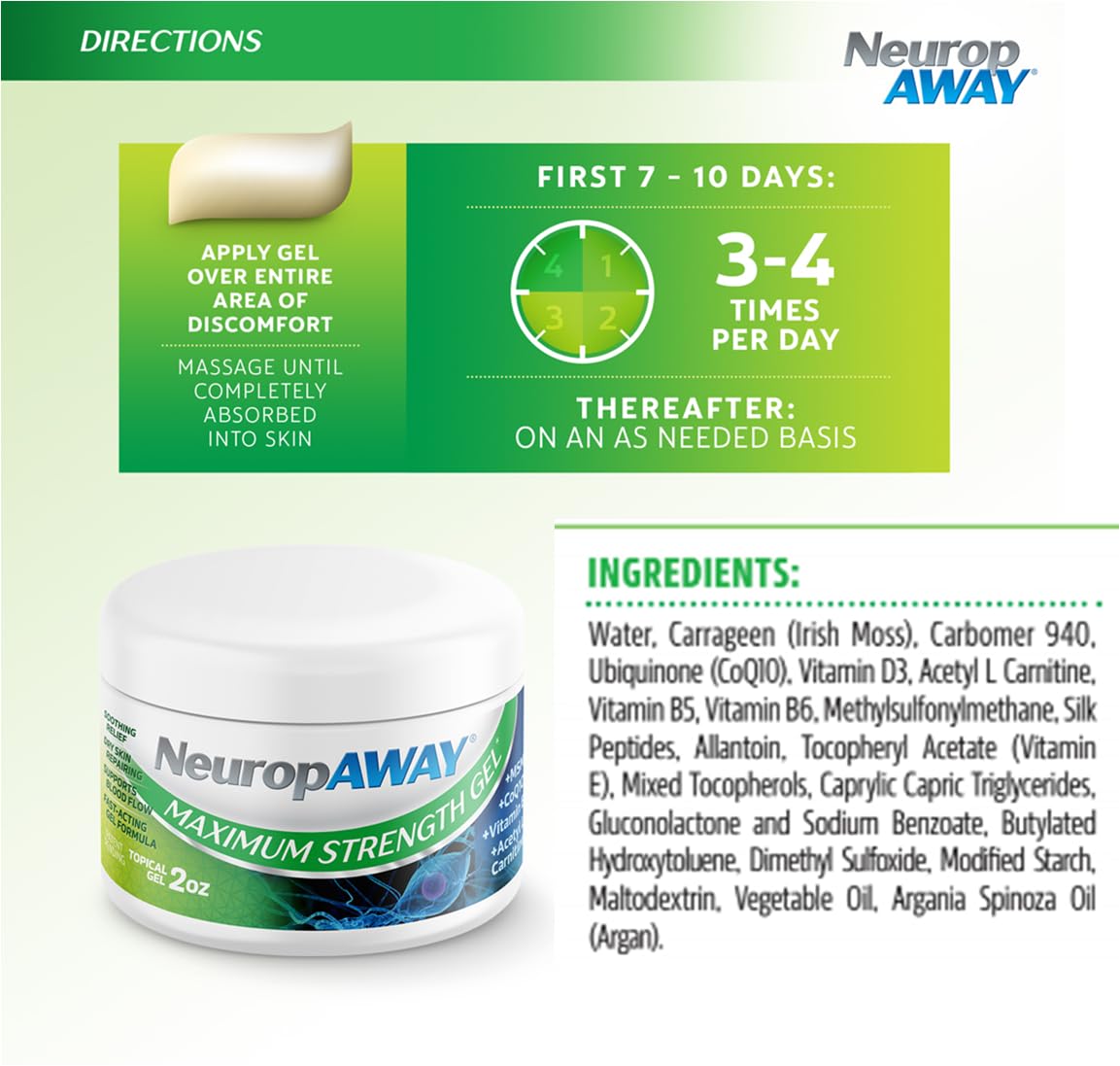 NeuropAWAY gel label showing nerve comfort ingredients