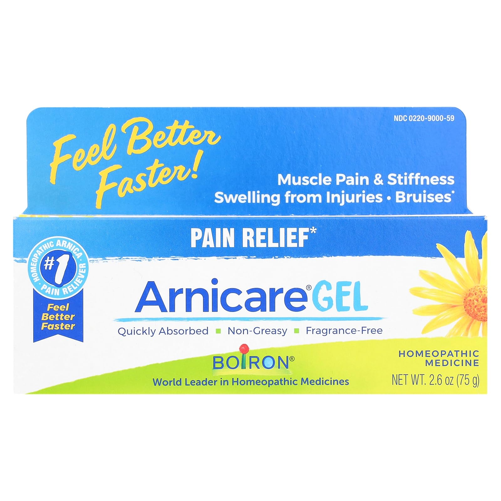 Boiron Arnicare Gel homeopathic topical pain relief packaging details