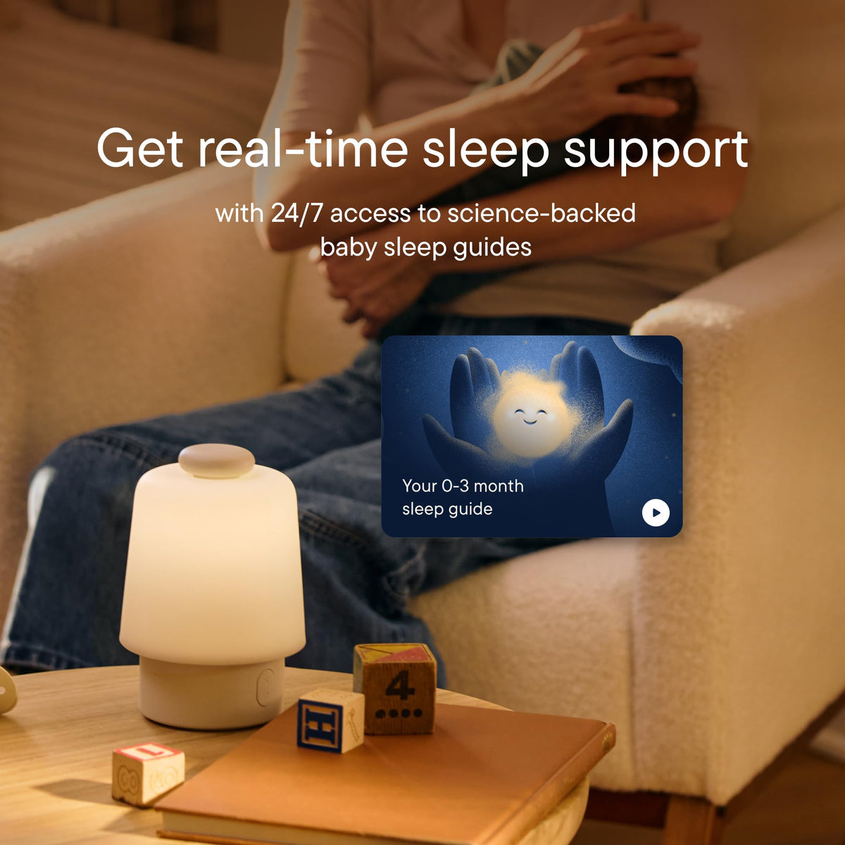 Side angle of the compact Hatch Baby nursery sleep device showing modern matte putty colorway.
