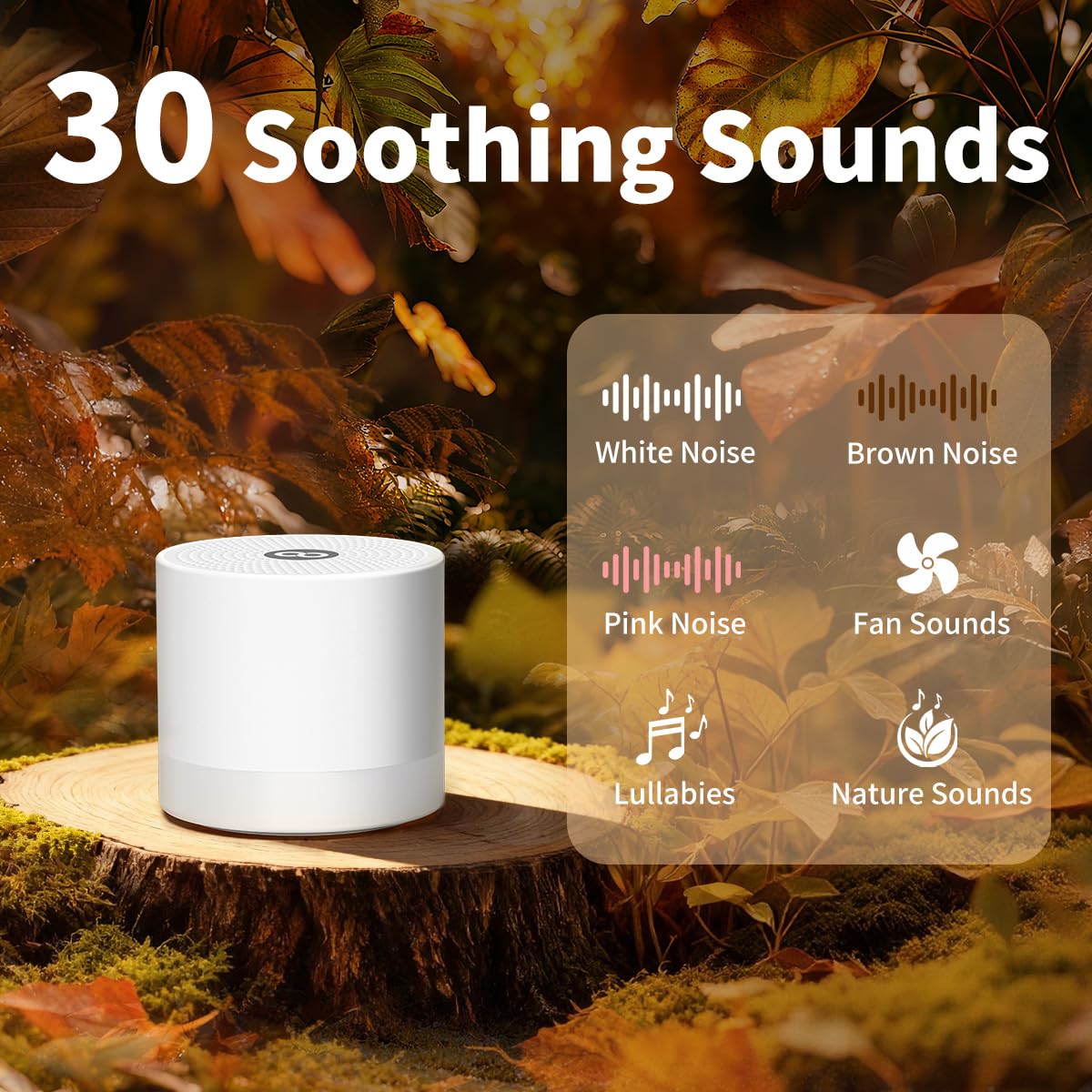 Hushing portable white noise device being held in a palm to demonstrate compact size