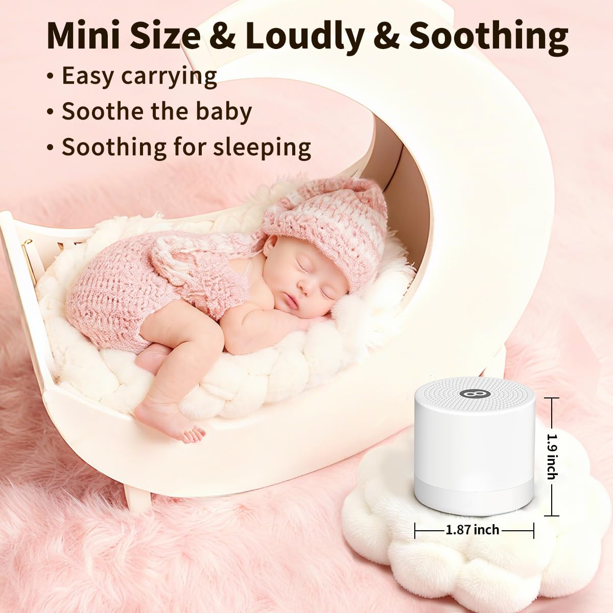 Hushing baby sleep soother sound machine attached to a wooden crib with the hanging rope