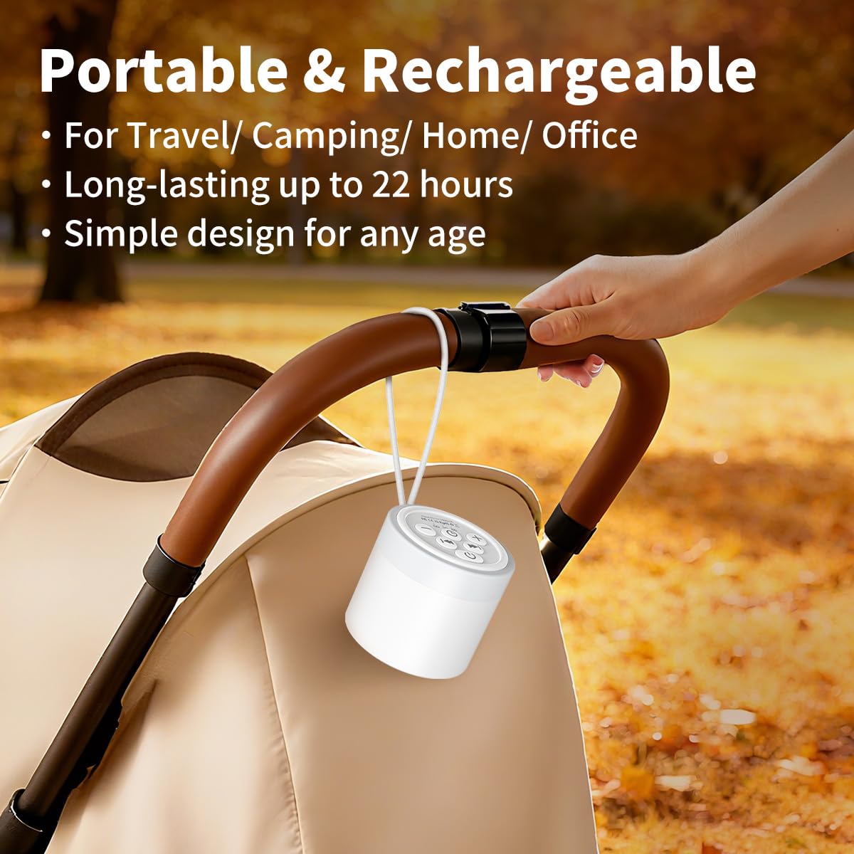 Hushing travel sound machine placed next to a suitcase showing portability packaging