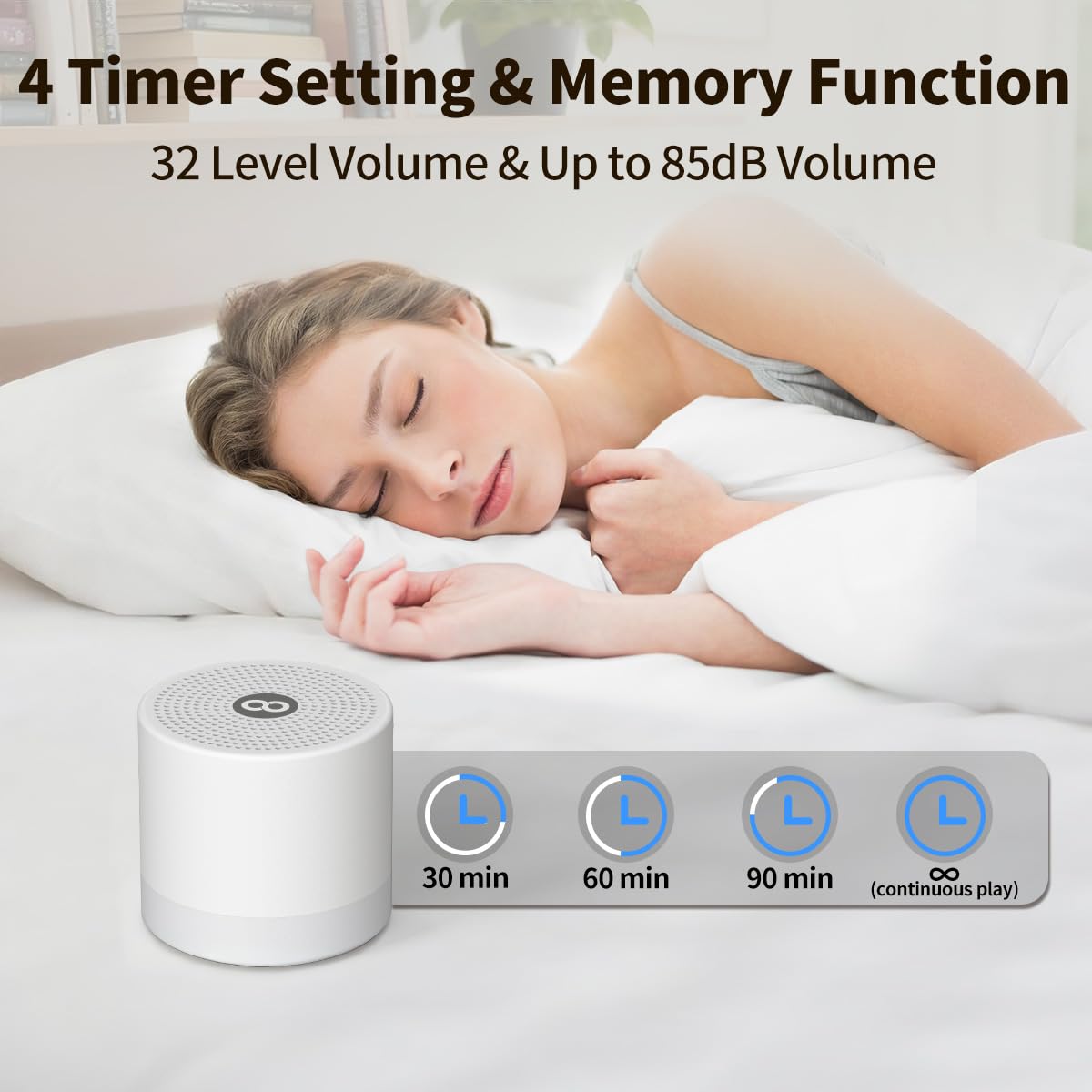 Hushing brown noise machine package contents including the device, USB cable, and lanyard