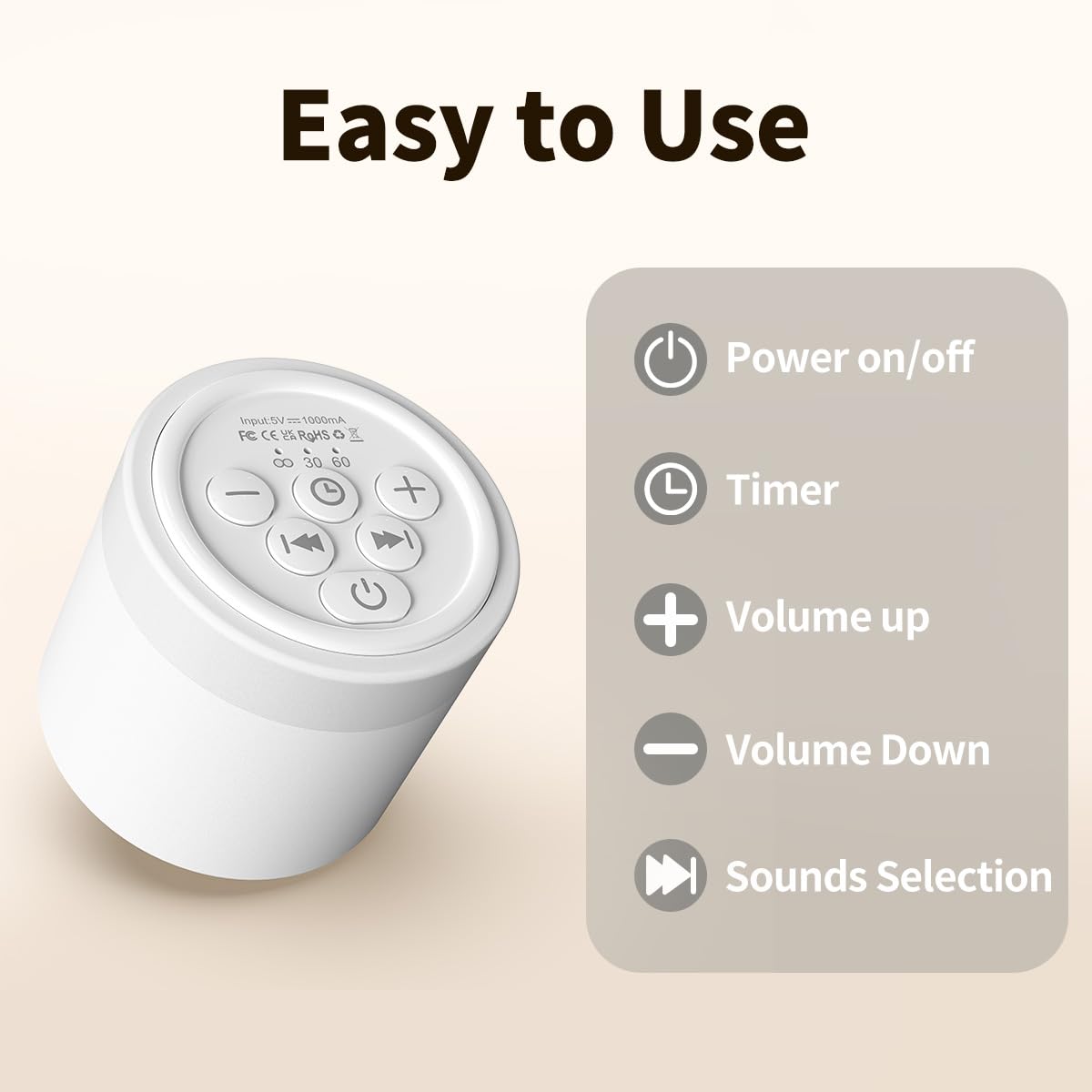 Hushing miniature white noise machine side angle highlighting the elegant cylindrical speaker mesh