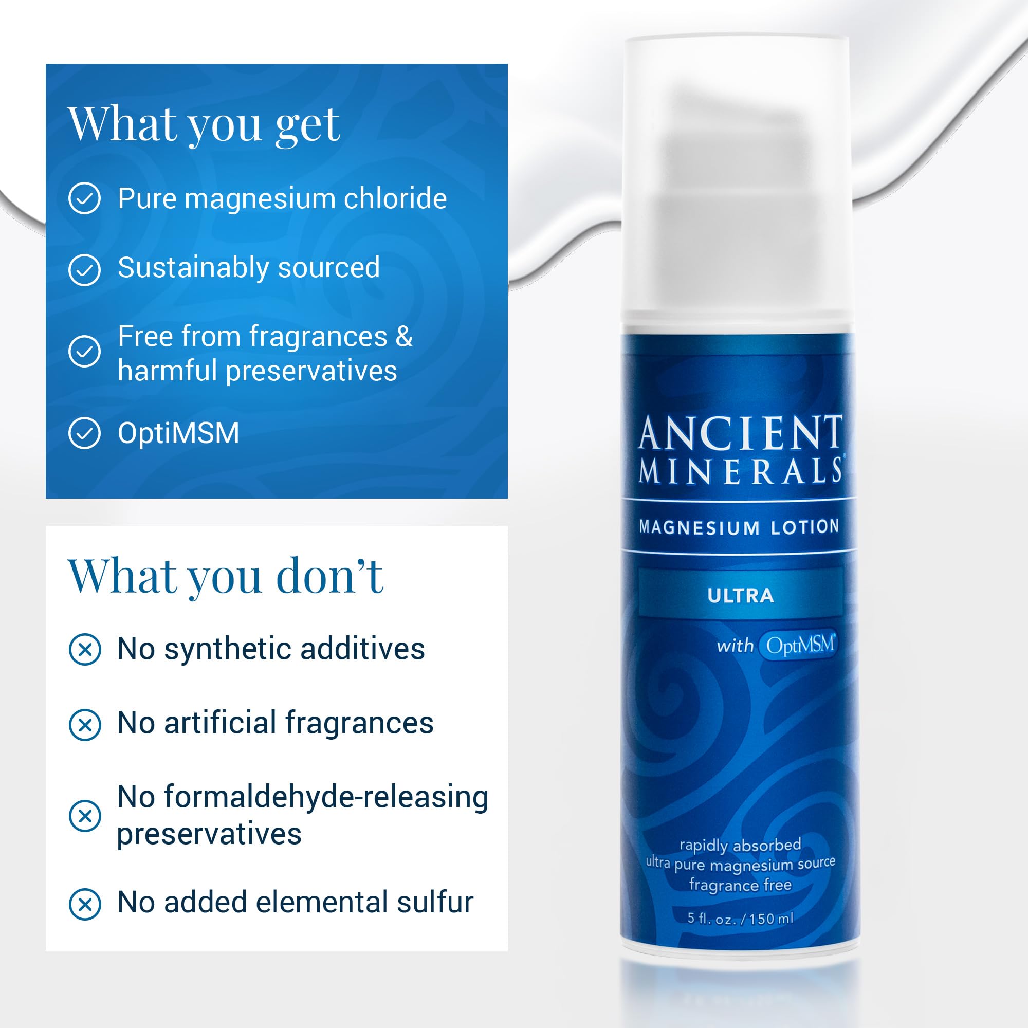 Top view of airless pump dispenser for Ancient Minerals lotion