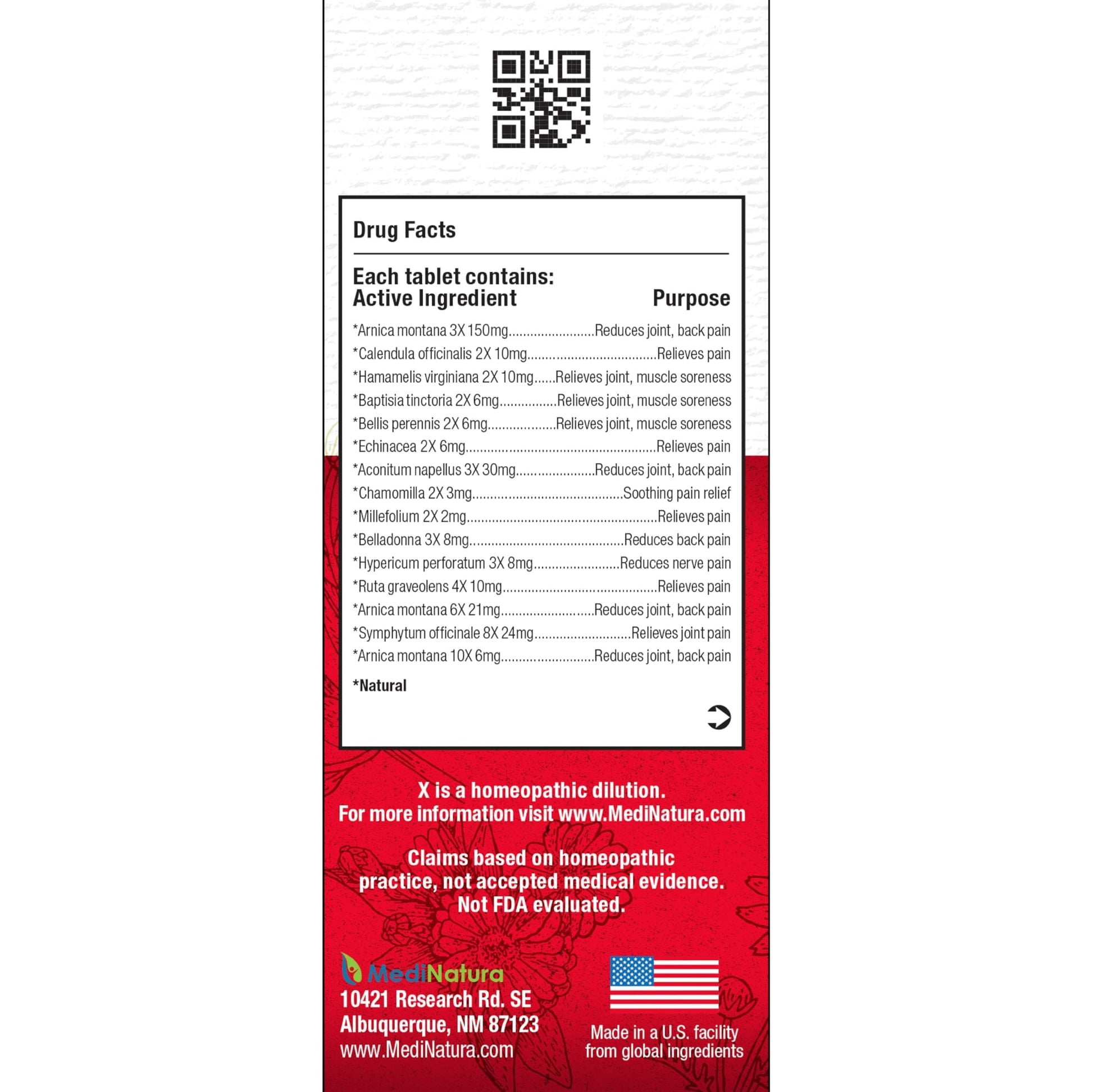 MediNatura T-Relief 100 tablets supplement facts label