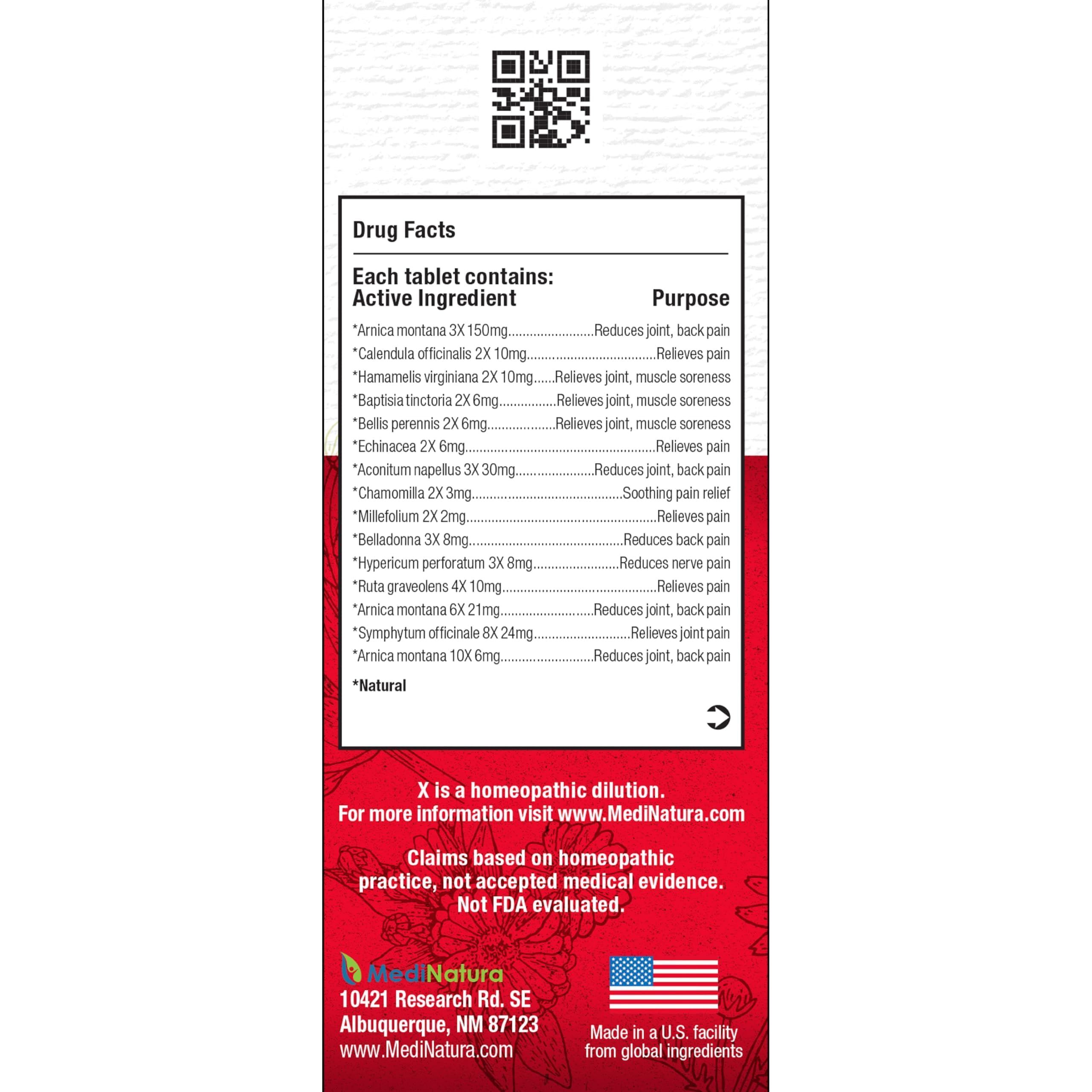 MediNatura T-Relief 100 tablets supplement facts label