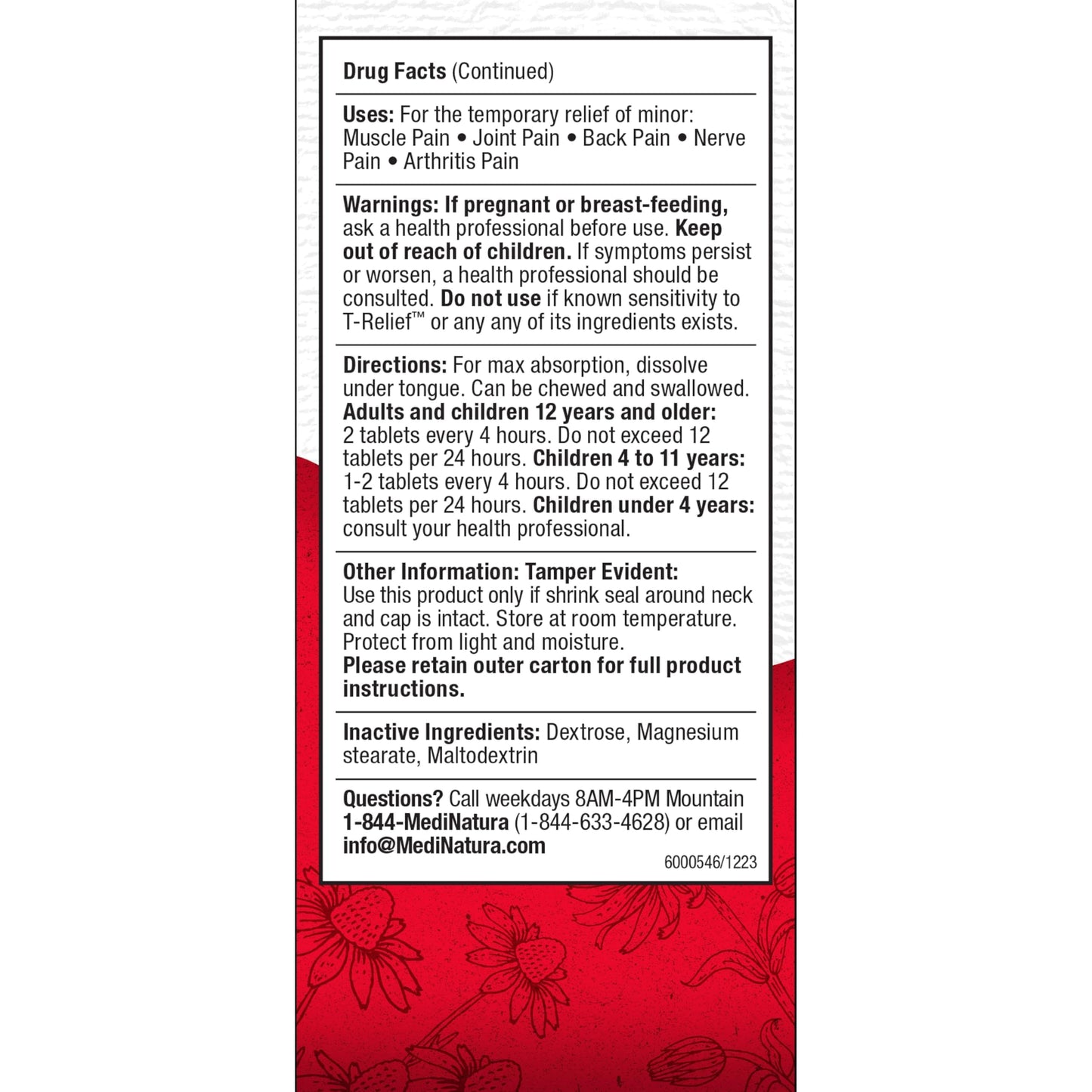 Detailed label view of MediNatura T-Relief 100 count