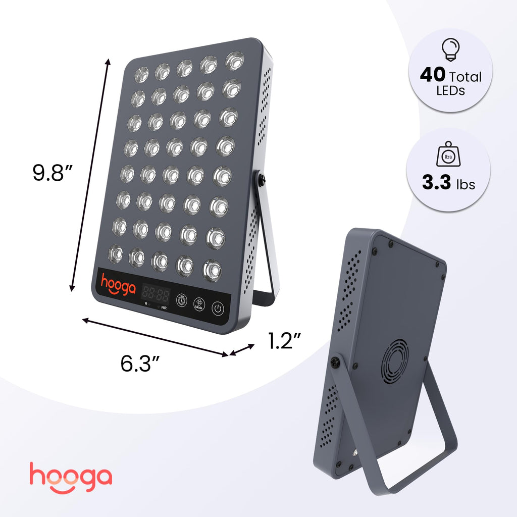 Hooga HG200 LED light therapy device angled view with adjustable stand