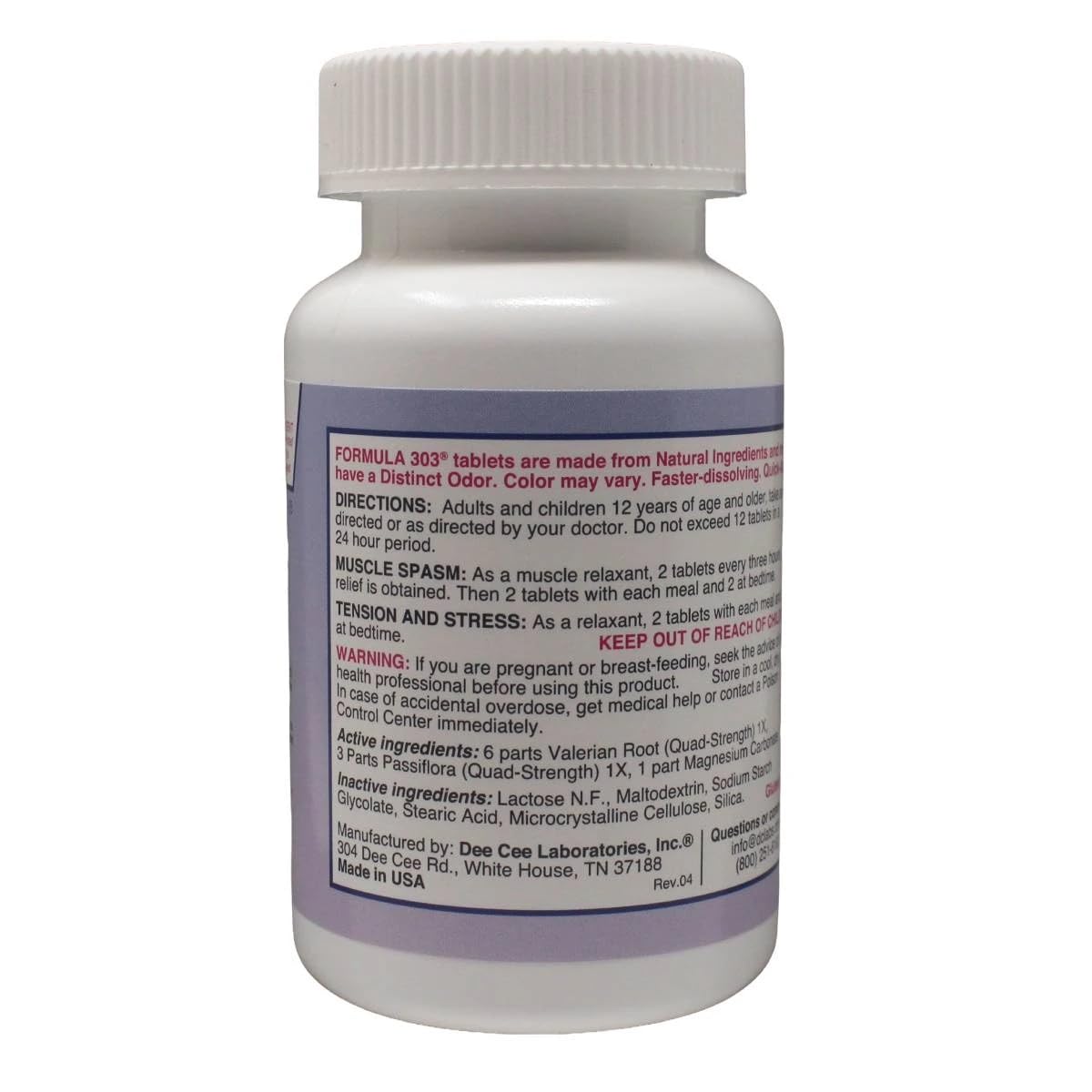 Bottle of Formula 303 natural muscle relaxant tablets