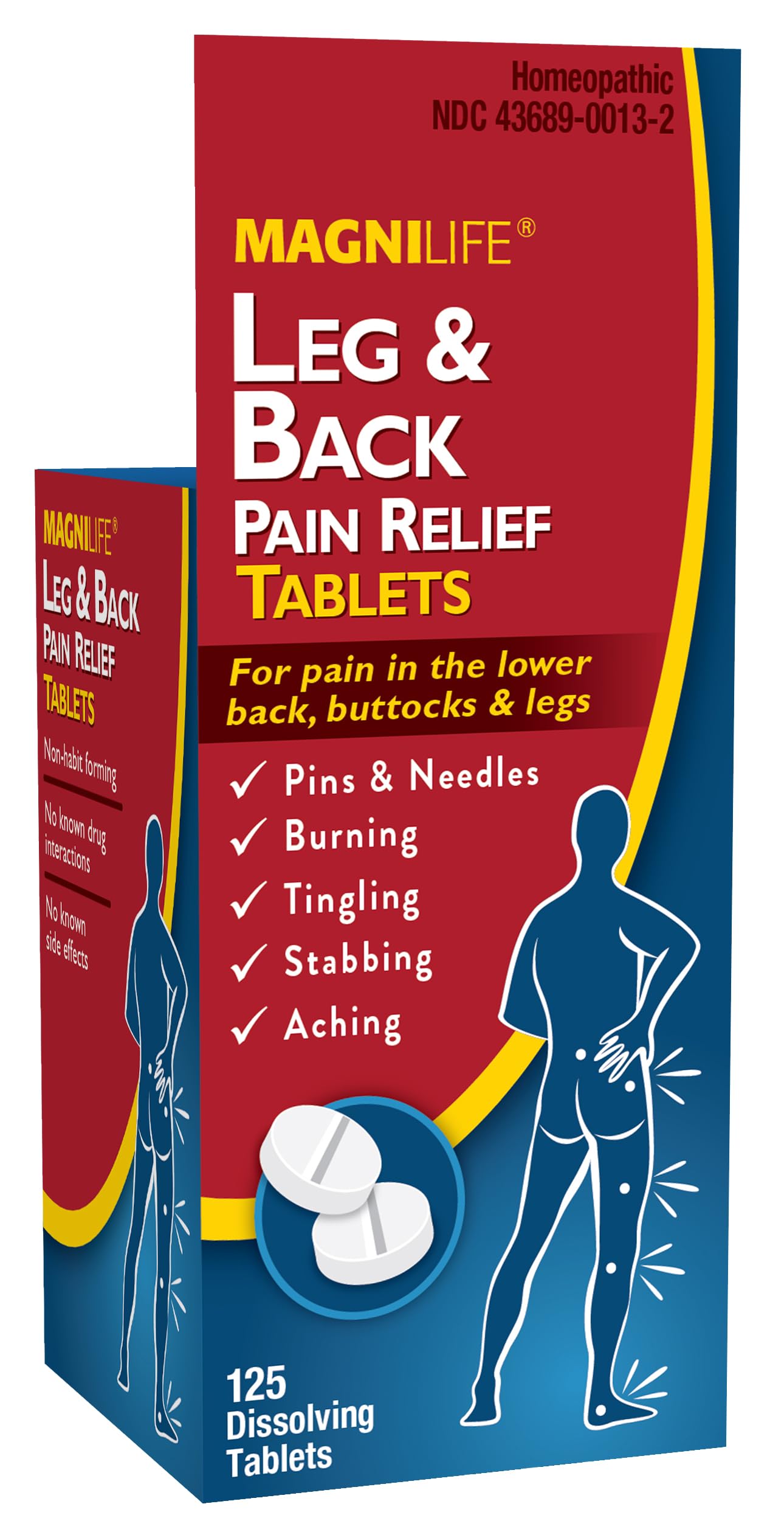 MagniLife Leg and Back Pain Relief tablets box showing usage directions
