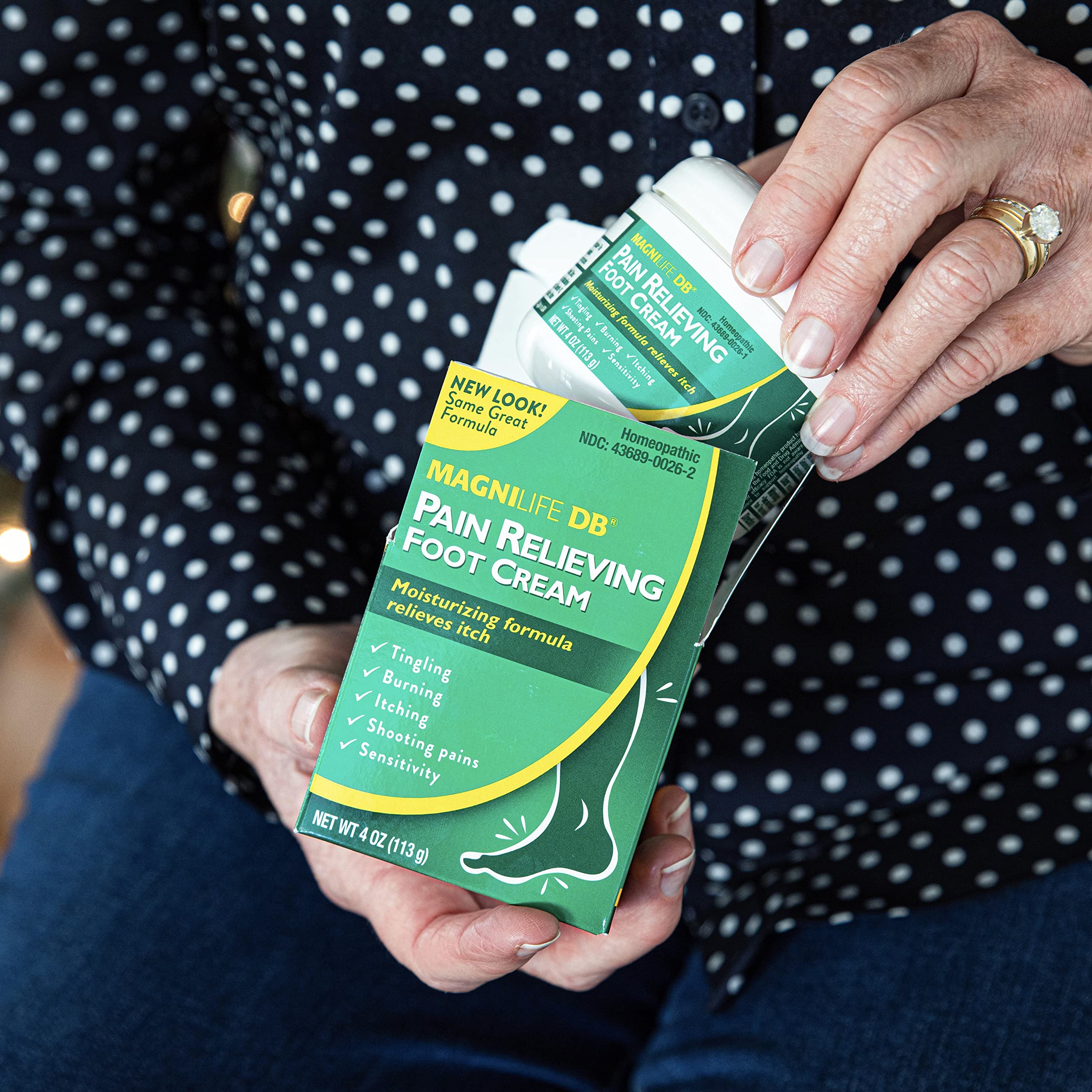 MagniLife DB Foot Cream jar showing soothing benefits label