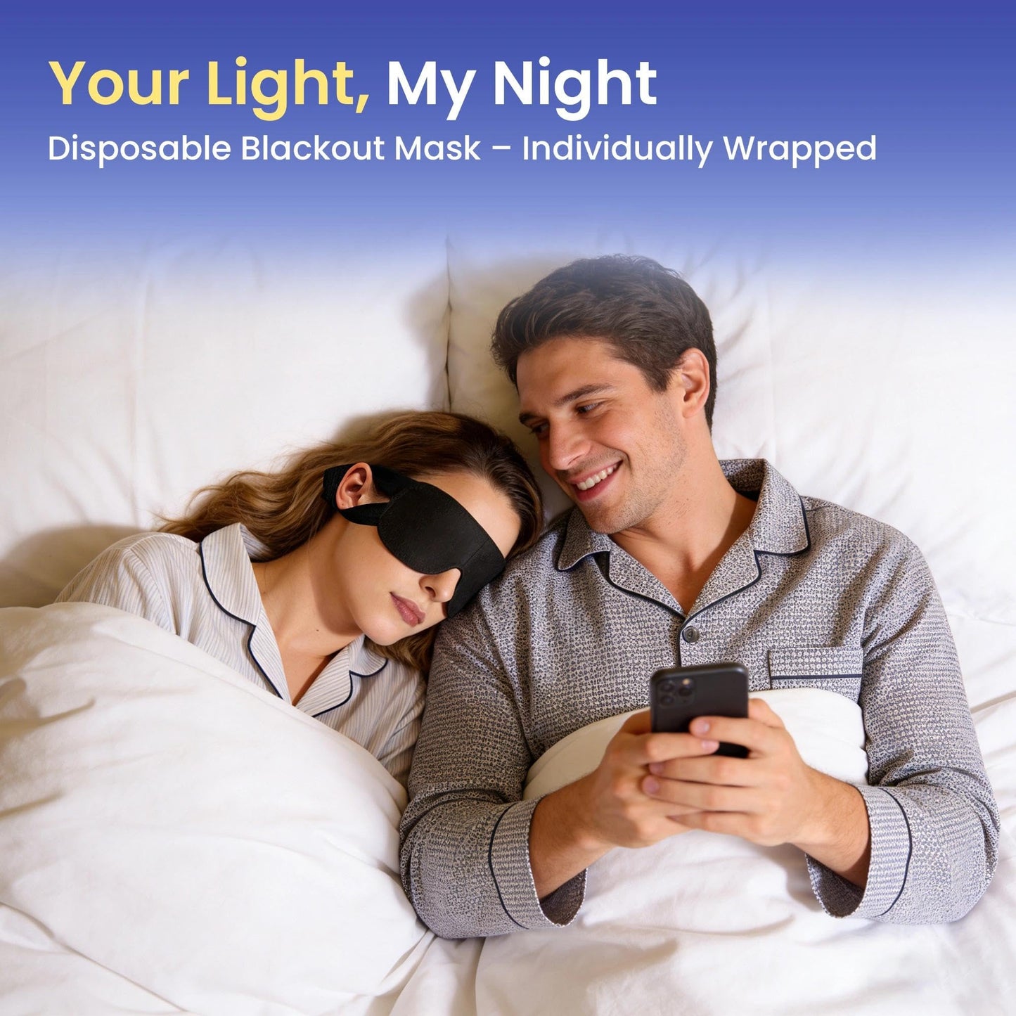 Model wearing Crouvm adjustable blackout sleep mask