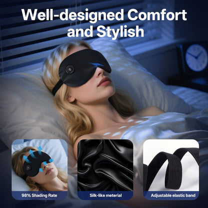 Woman wearing Hieye heated mask for relaxation at home