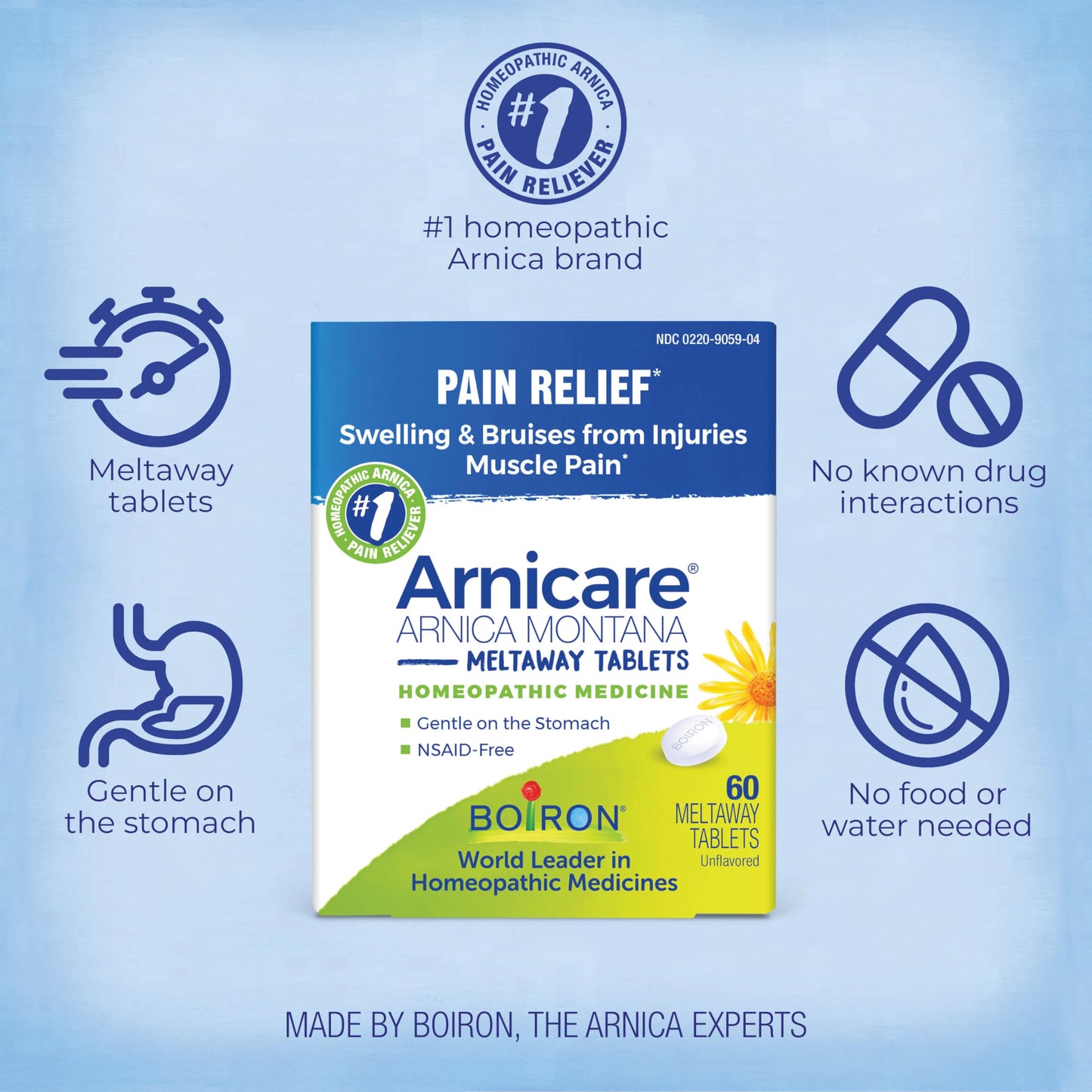 Boiron Arnicare meltaway tablets bottle and cap