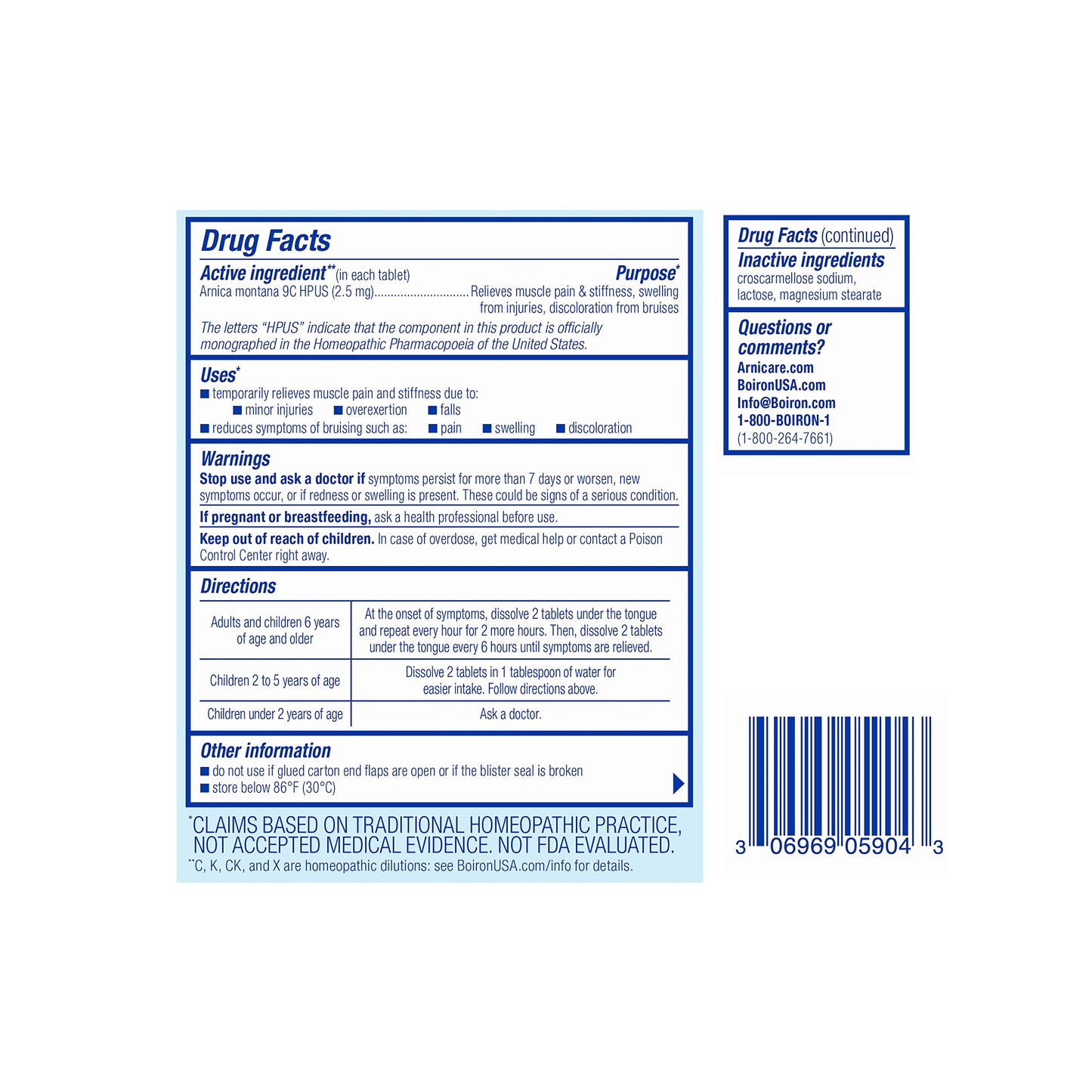 Back label of Boiron Arnicare tablets showing ingredients