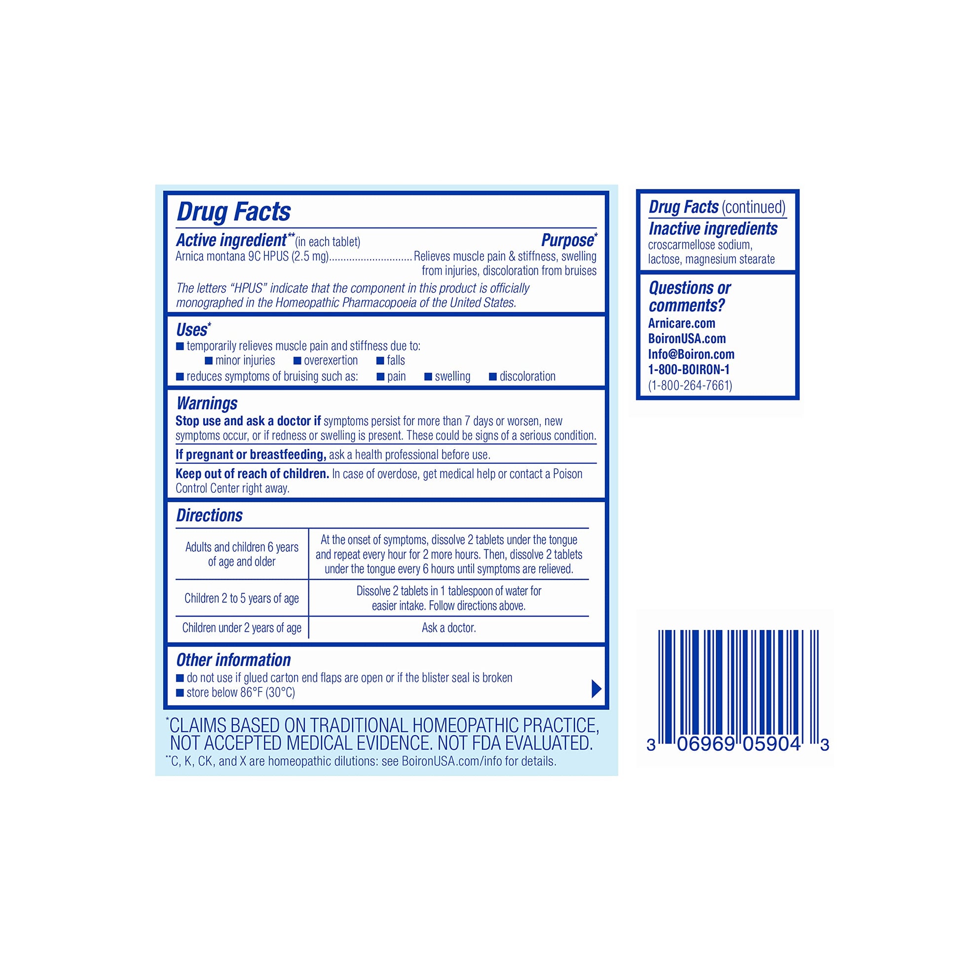 Back label of Boiron Arnicare tablets showing ingredients