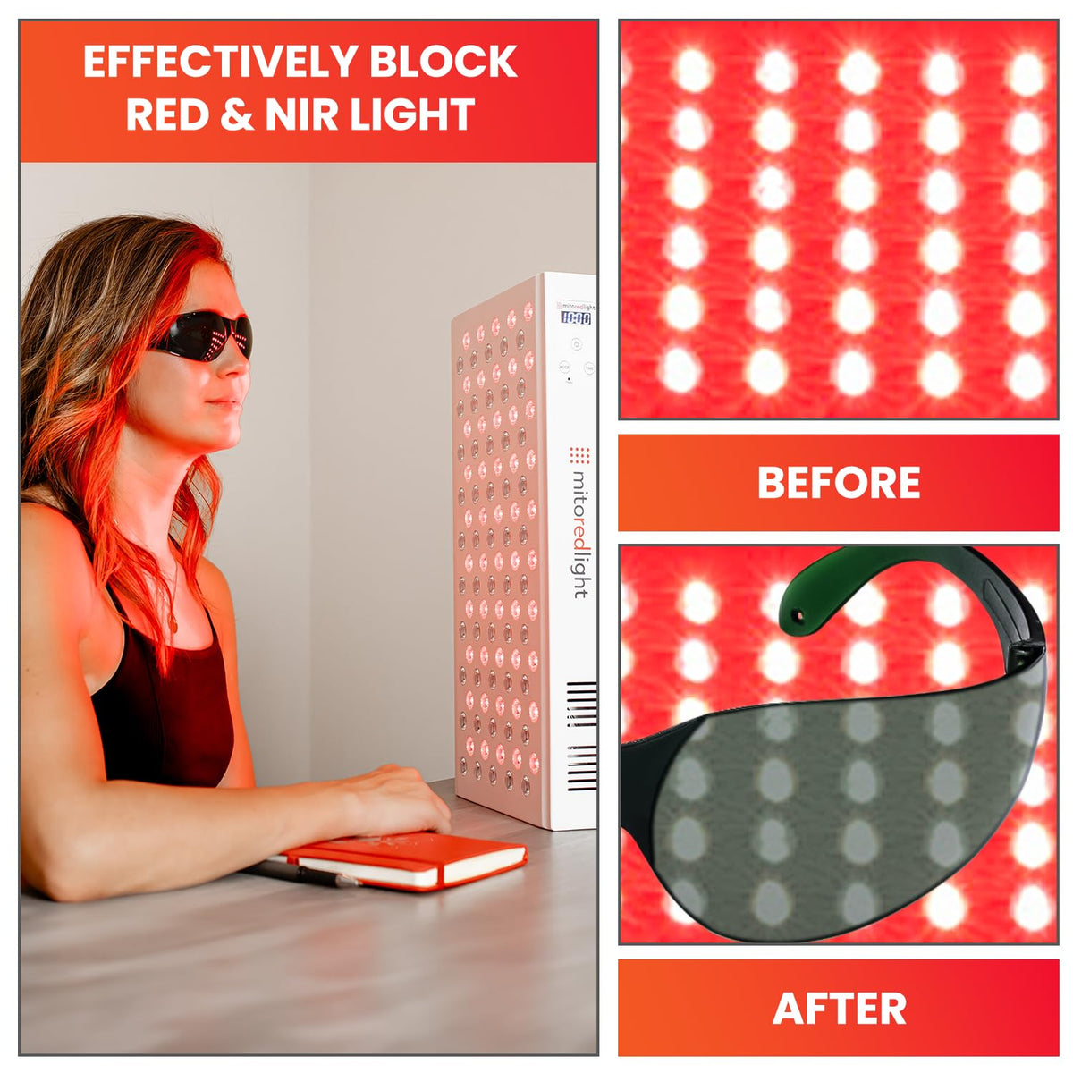 Mitoredlight red light glasses resting on surface