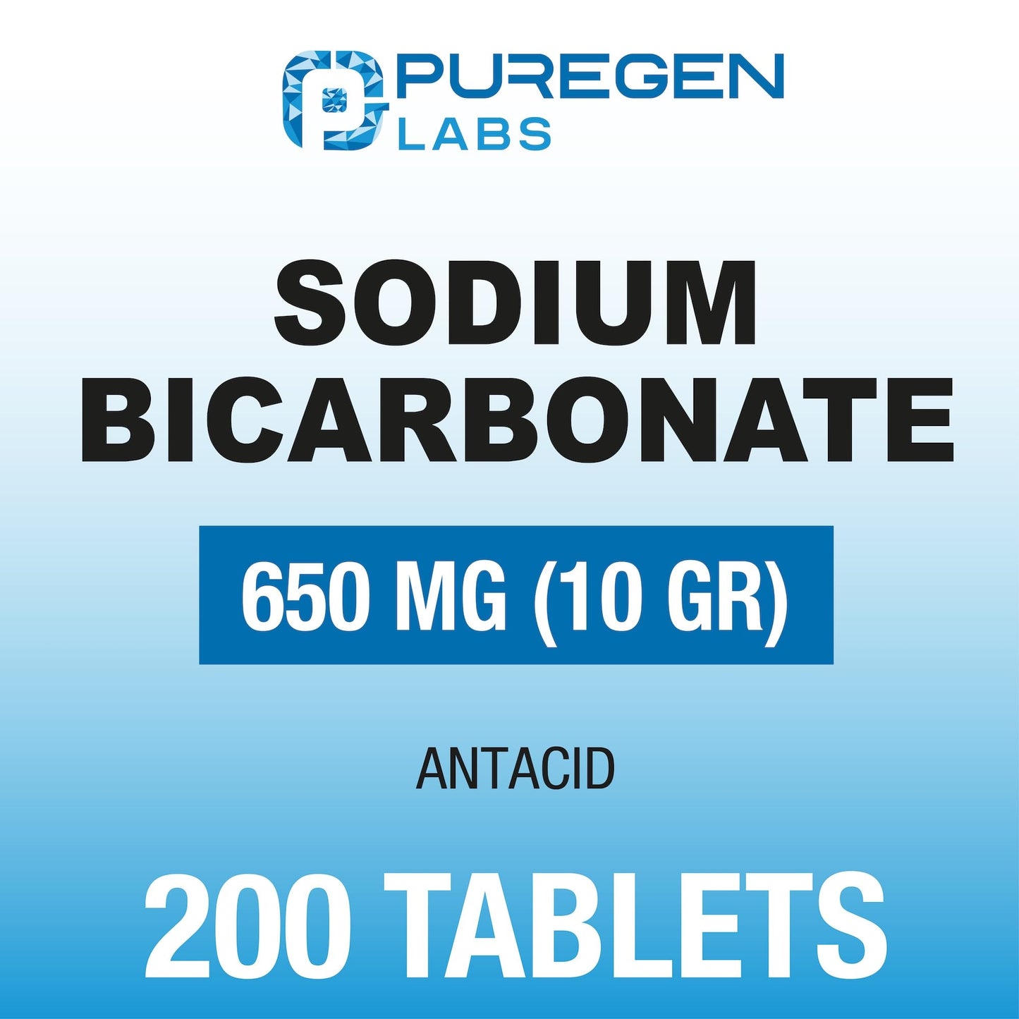 Puregen Labs sodium bicarbonate 200 count bottle side view
