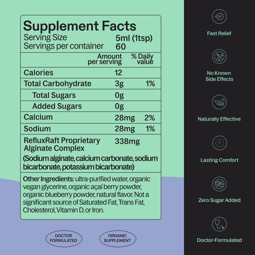 RefluxRaft organic alginate supplement ingredients label