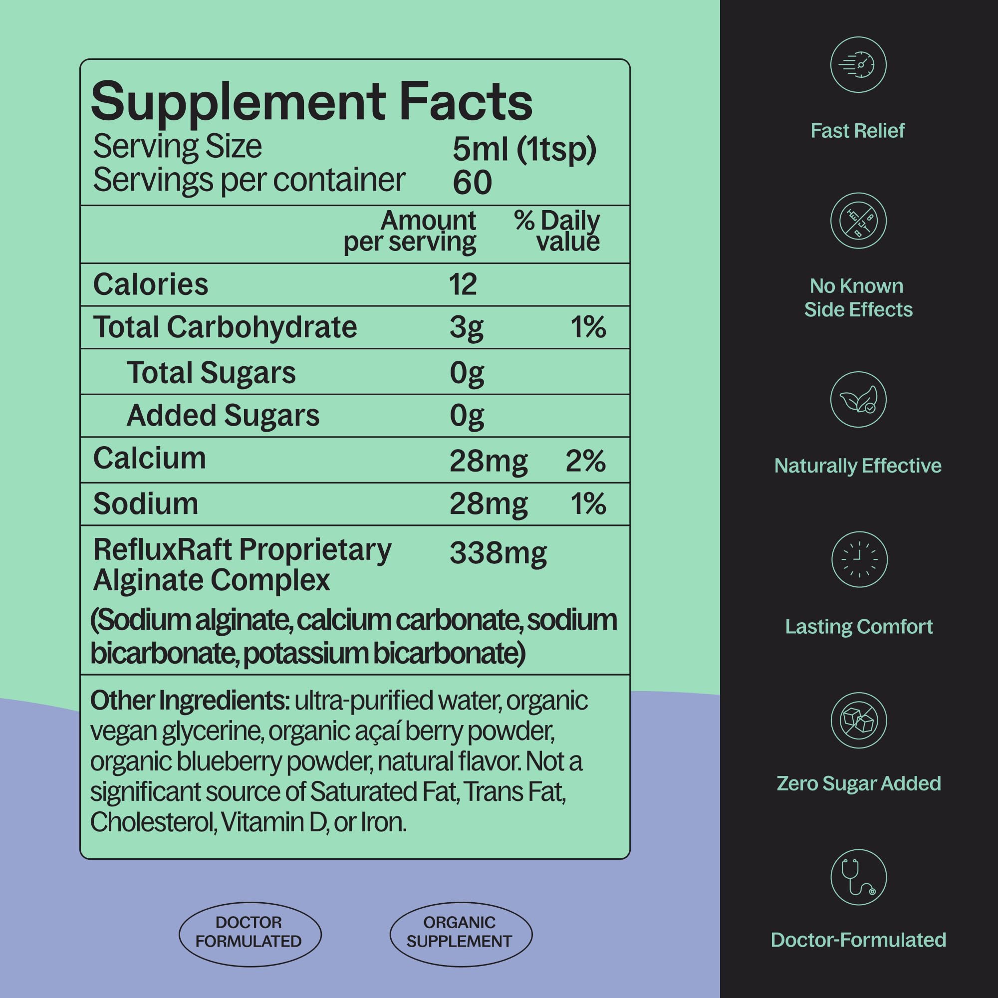 RefluxRaft organic alginate supplement ingredients label