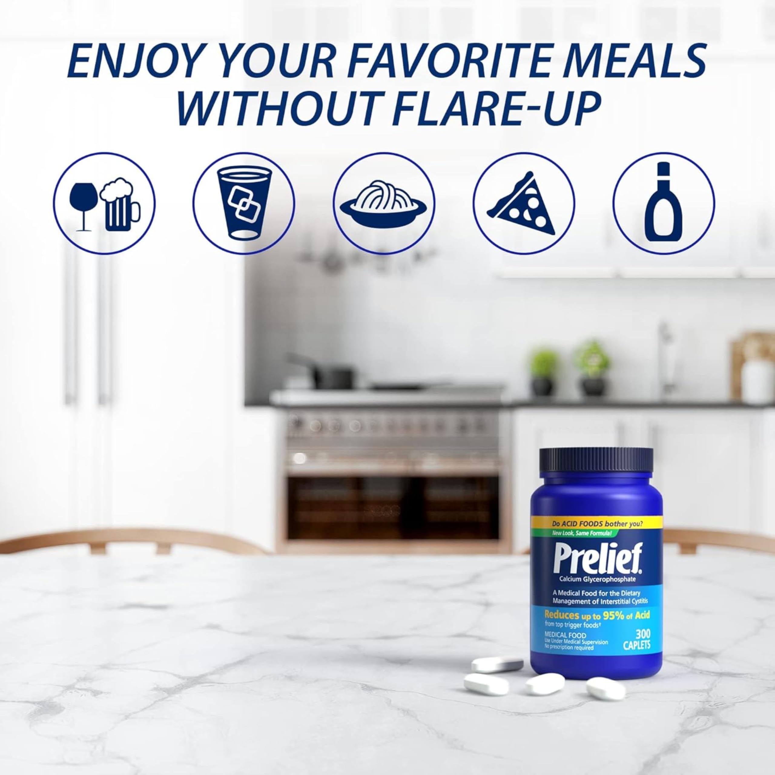 Prelief dietary supplement bottle showing 300 count packaging