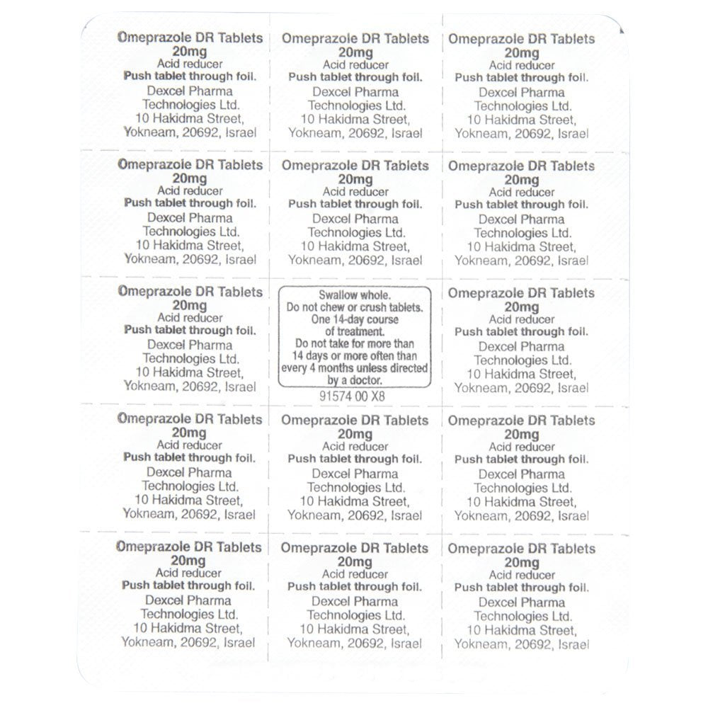 Side view of GoodSense Omeprazole 20mg tablets box showing dosage and active ingredients