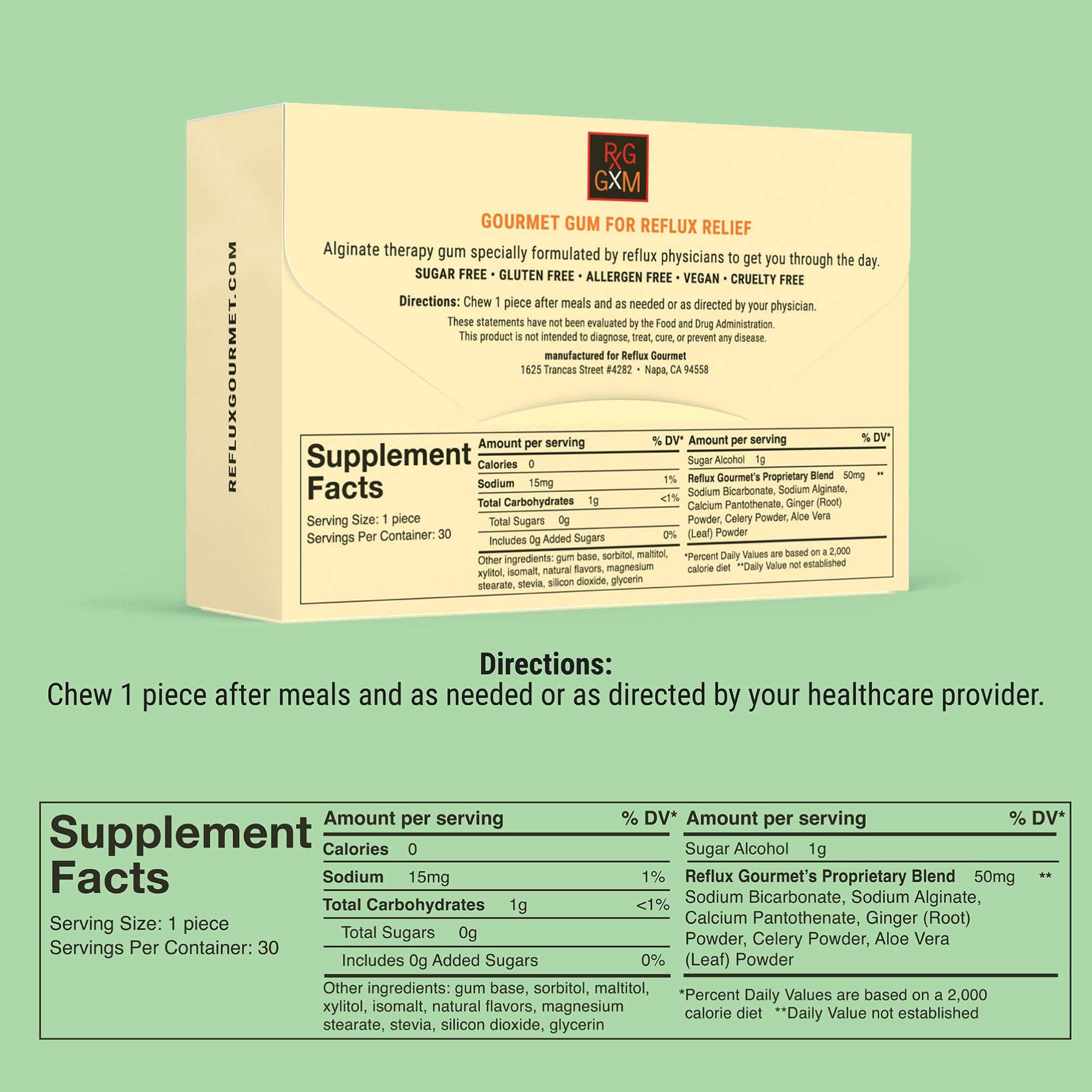 Reflux Gourmet alginate therapy gum pieces showing natural ingredients