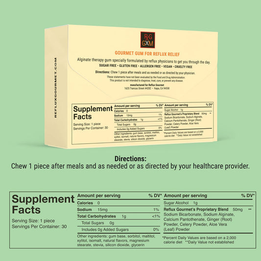 Reflux Gourmet alginate therapy gum pieces showing natural ingredients