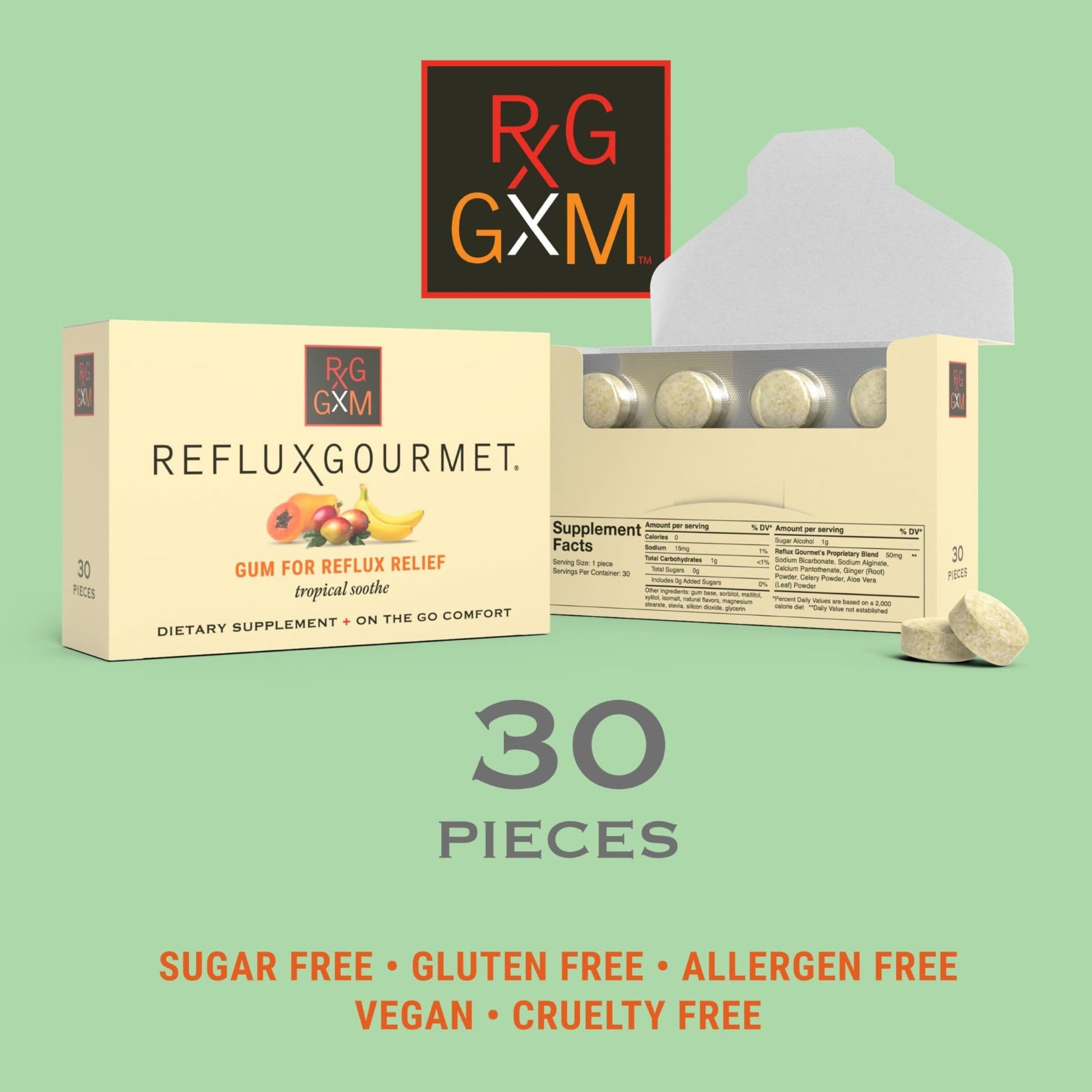 Reflux Gourmet gum label highlighting sugar-free and vegan features