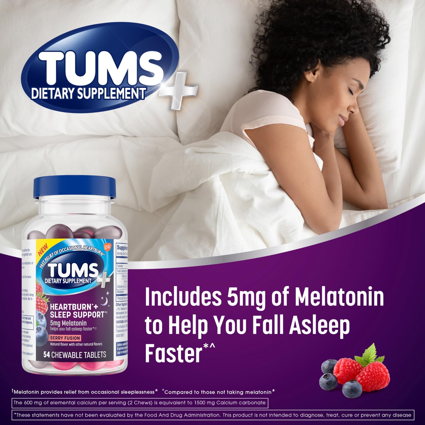 Side view of Tums Heartburn Plus Sleep Support bottle with ingredients