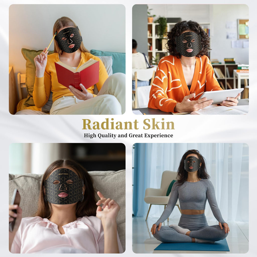 Hands-free flexible facial mask positioned for home wellness use