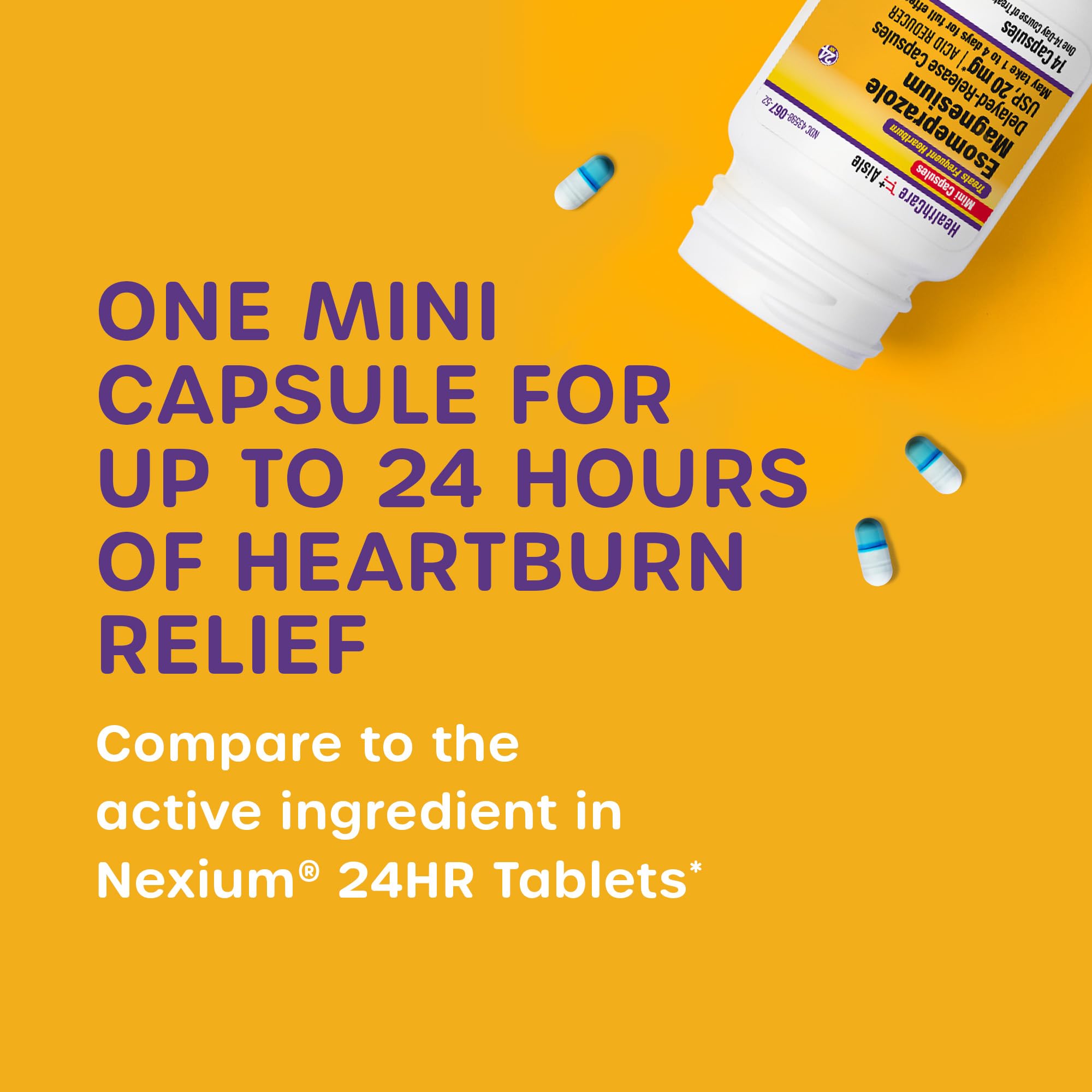 Close up of HealthCareAisle Esomeprazole 20 mg mini capsules label