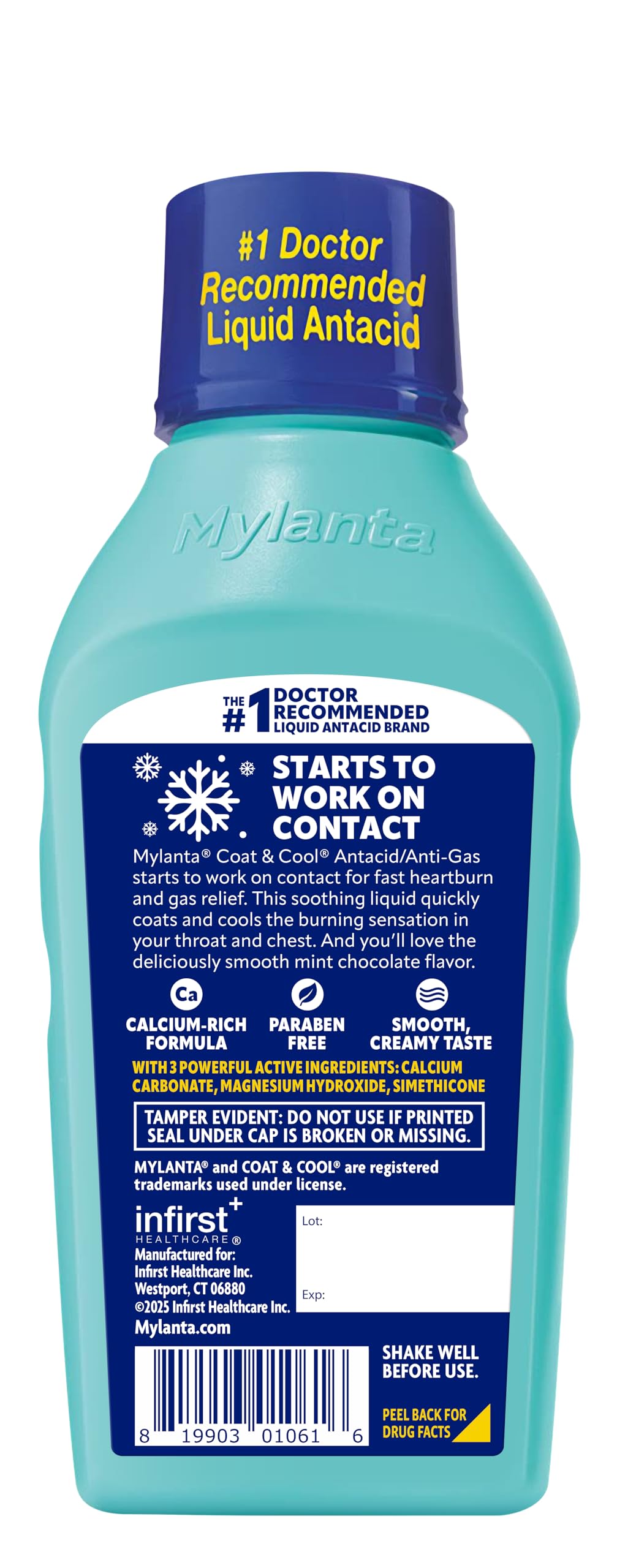 Close up of Mylanta Coat and Cool label detailing mint chocolate flavor