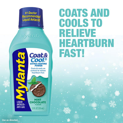 Mylanta Liquid Antacid bottle side view showing dosage instructions