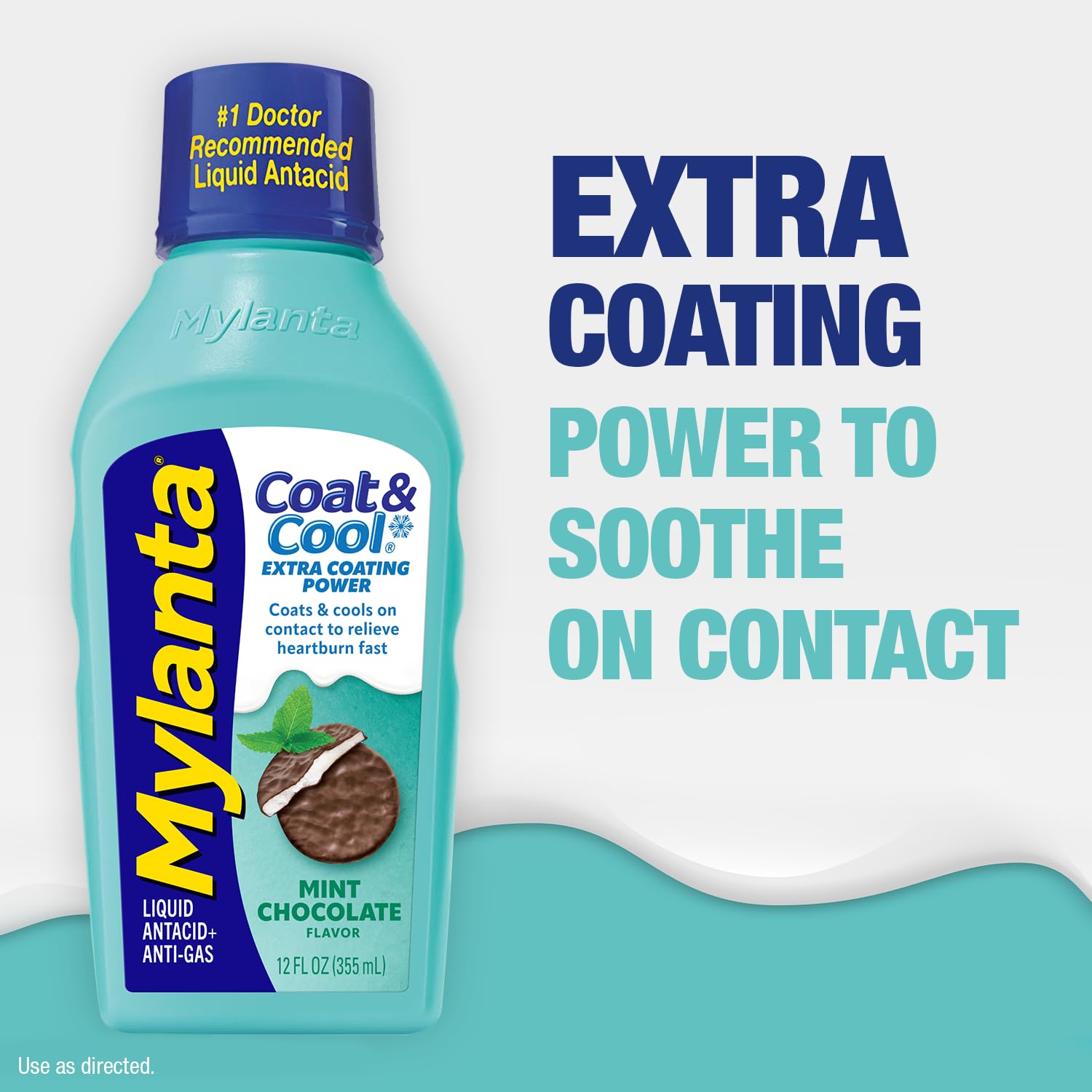 Mylanta Coat and Cool bottle next to a spoon for liquid measurement