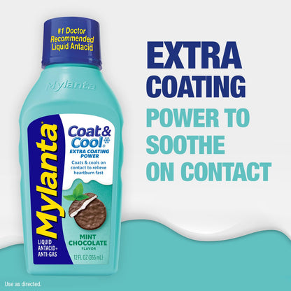 Mylanta Coat and Cool bottle next to a spoon for liquid measurement