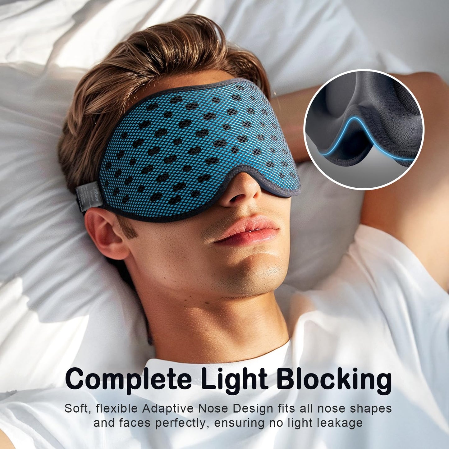 Contoured 12 millimeter deep eye cups on LitBear sleep mask