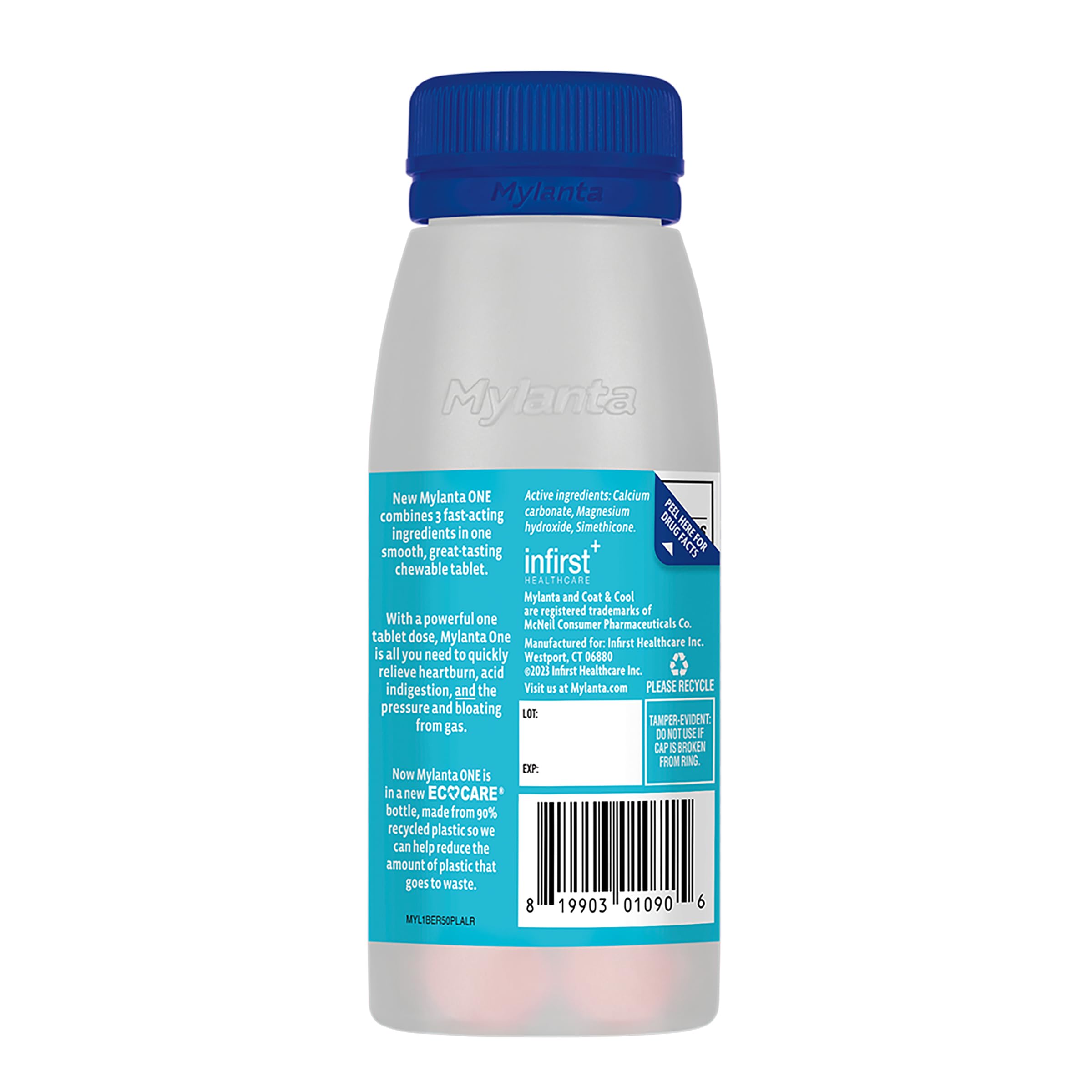 Side view of Mylanta One 50 count bottle showing active ingredients