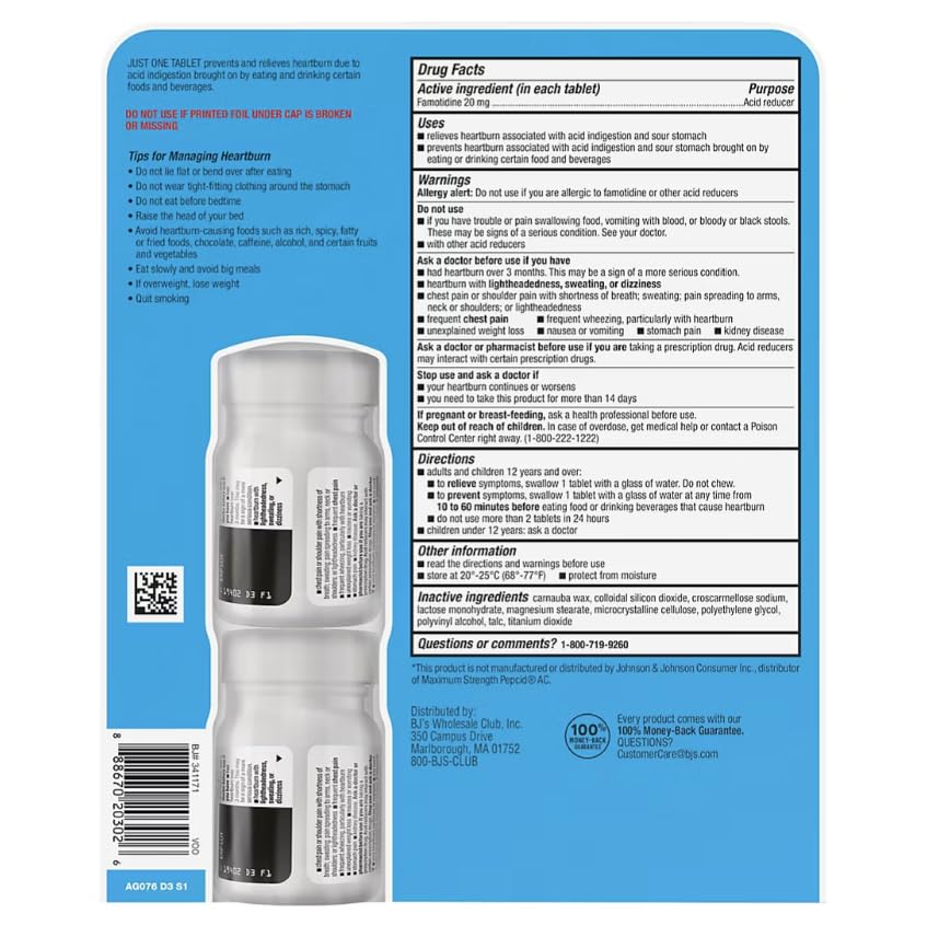 Close up of Berkley Jensen Famotidine acid reducer label