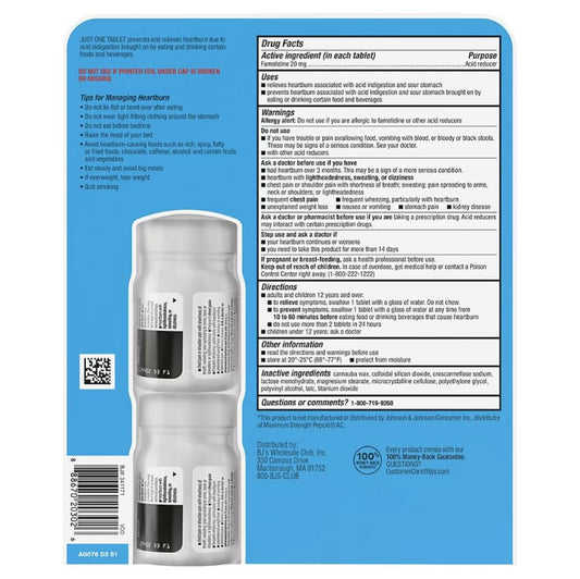Close up of Berkley Jensen Famotidine acid reducer label