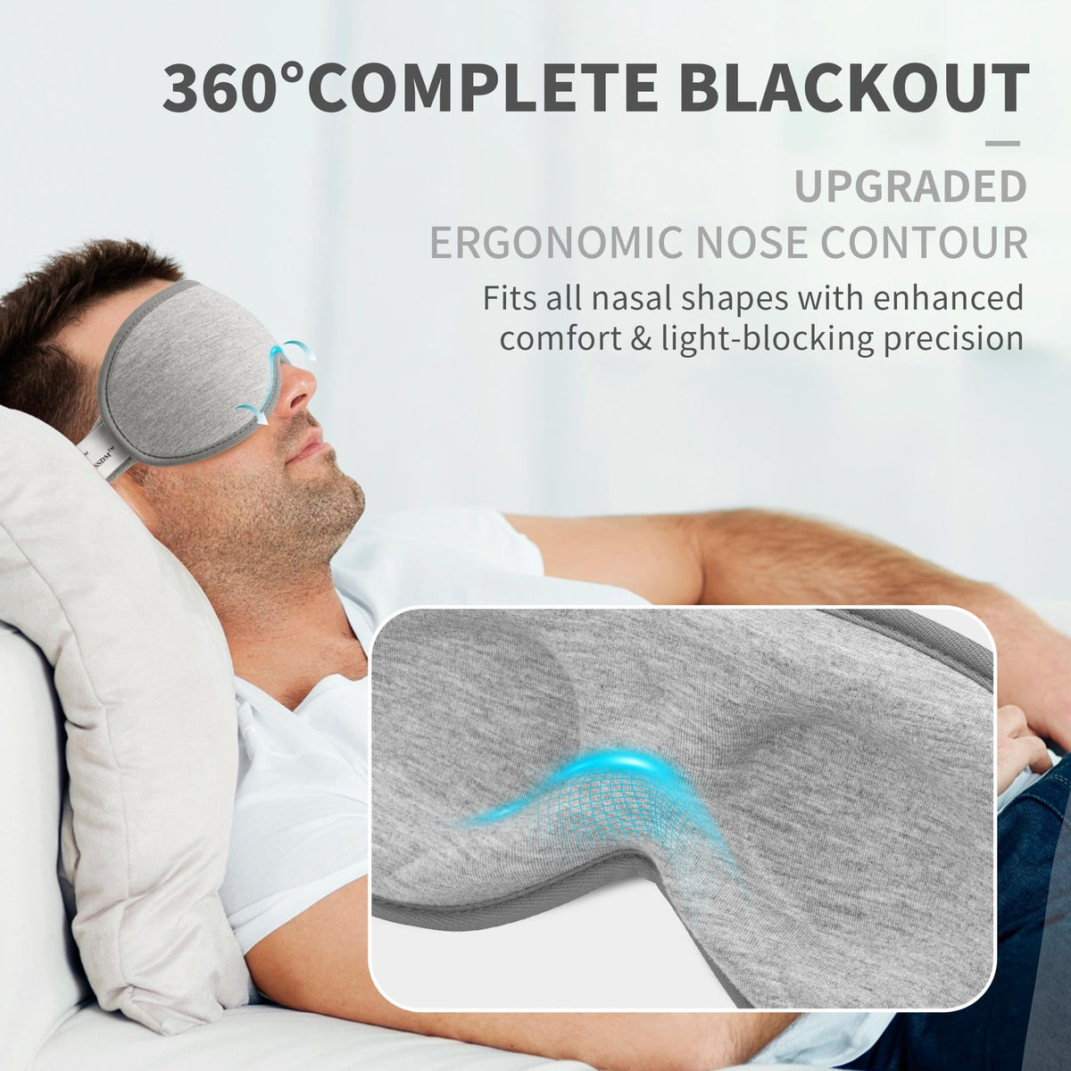 Side profile of 3D contoured sleep mask on a person