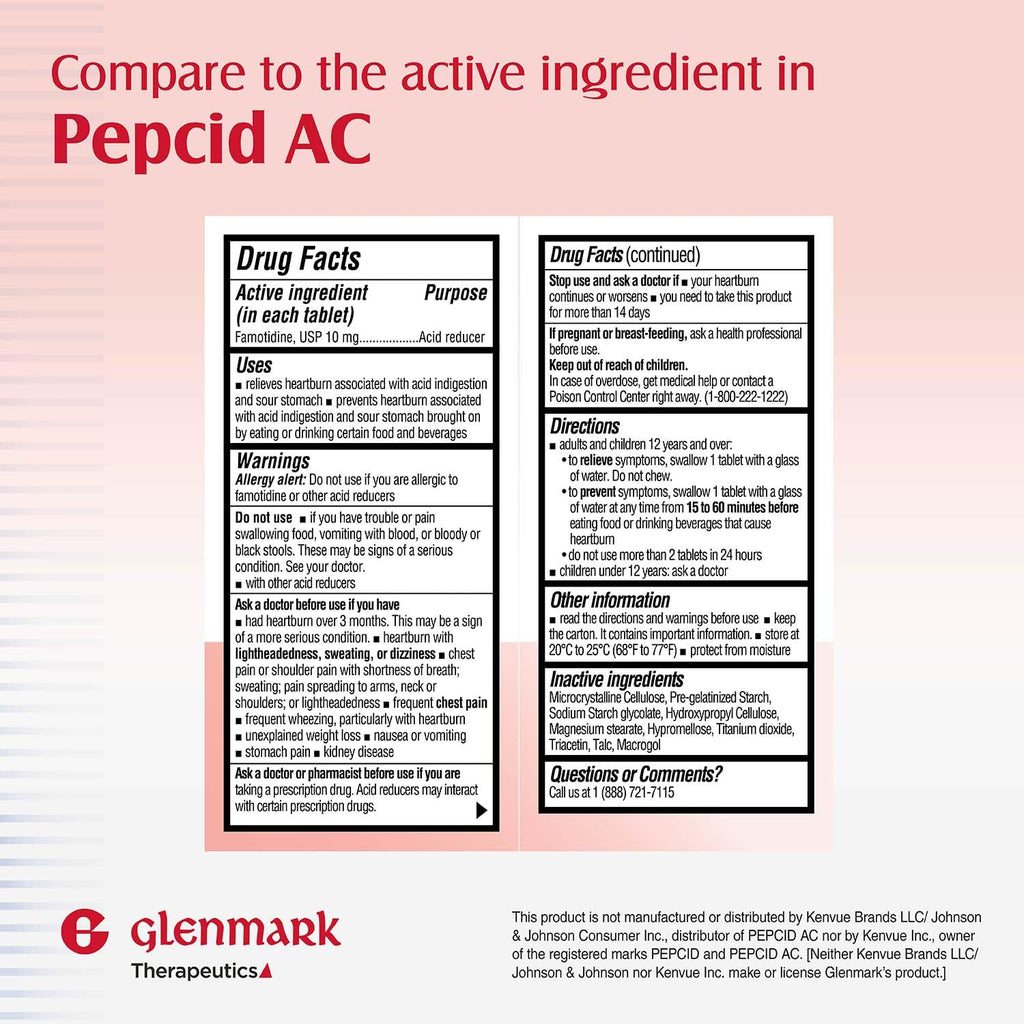 Side view of Glenmark 10 milligram famotidine bottle showing active ingredients