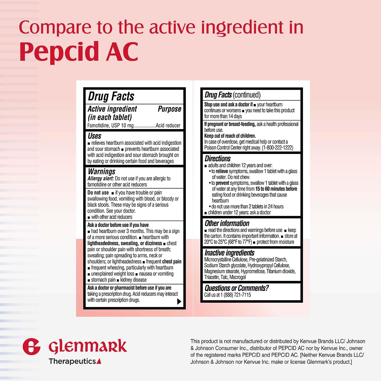 Side view of Glenmark 10 milligram famotidine bottle showing active ingredients