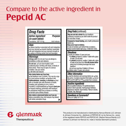 Side view of Glenmark 10 milligram famotidine bottle showing active ingredients