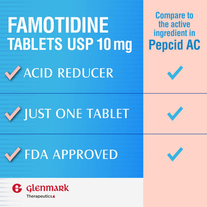 Back label of Glenmark famotidine acid reducer tablets with dosage instructions