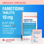 Close up of Glenmark famotidine supplement facts and usage details